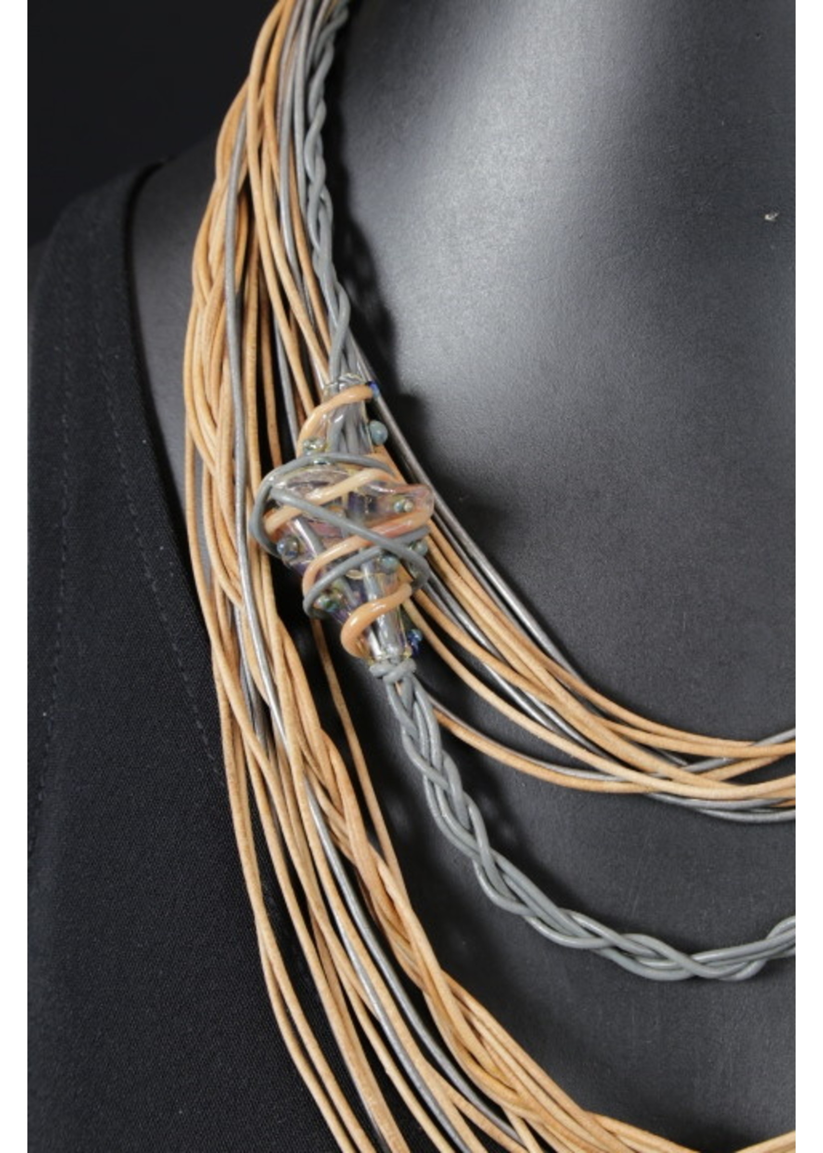 AC01-4429-20 Neutral Gray & Tan Leather & Artistic Glass Bead  necklace
