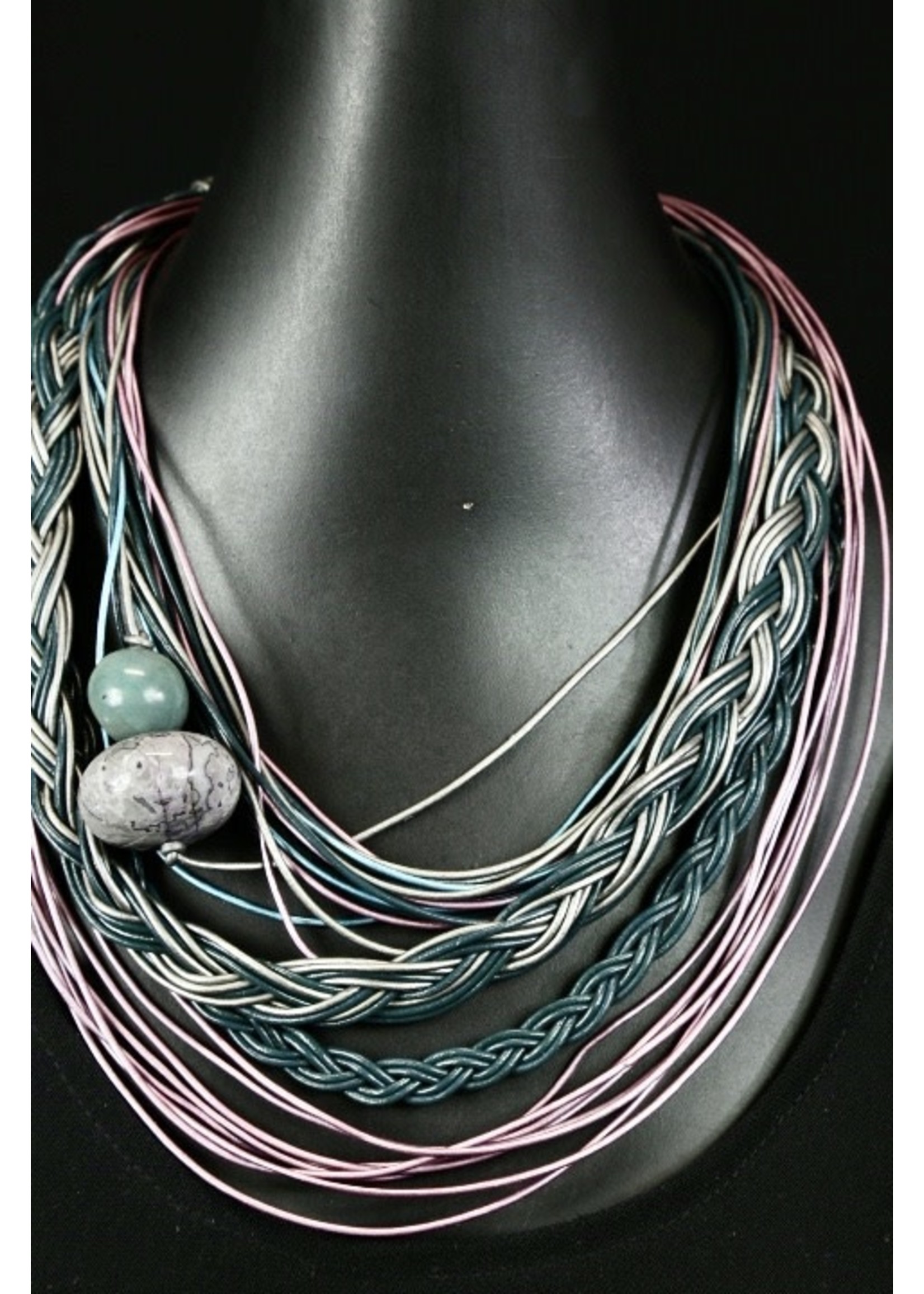 AC01-4428-20 Green,Gray & Purple multi strands of leather W/picture Jasper Bead necklace