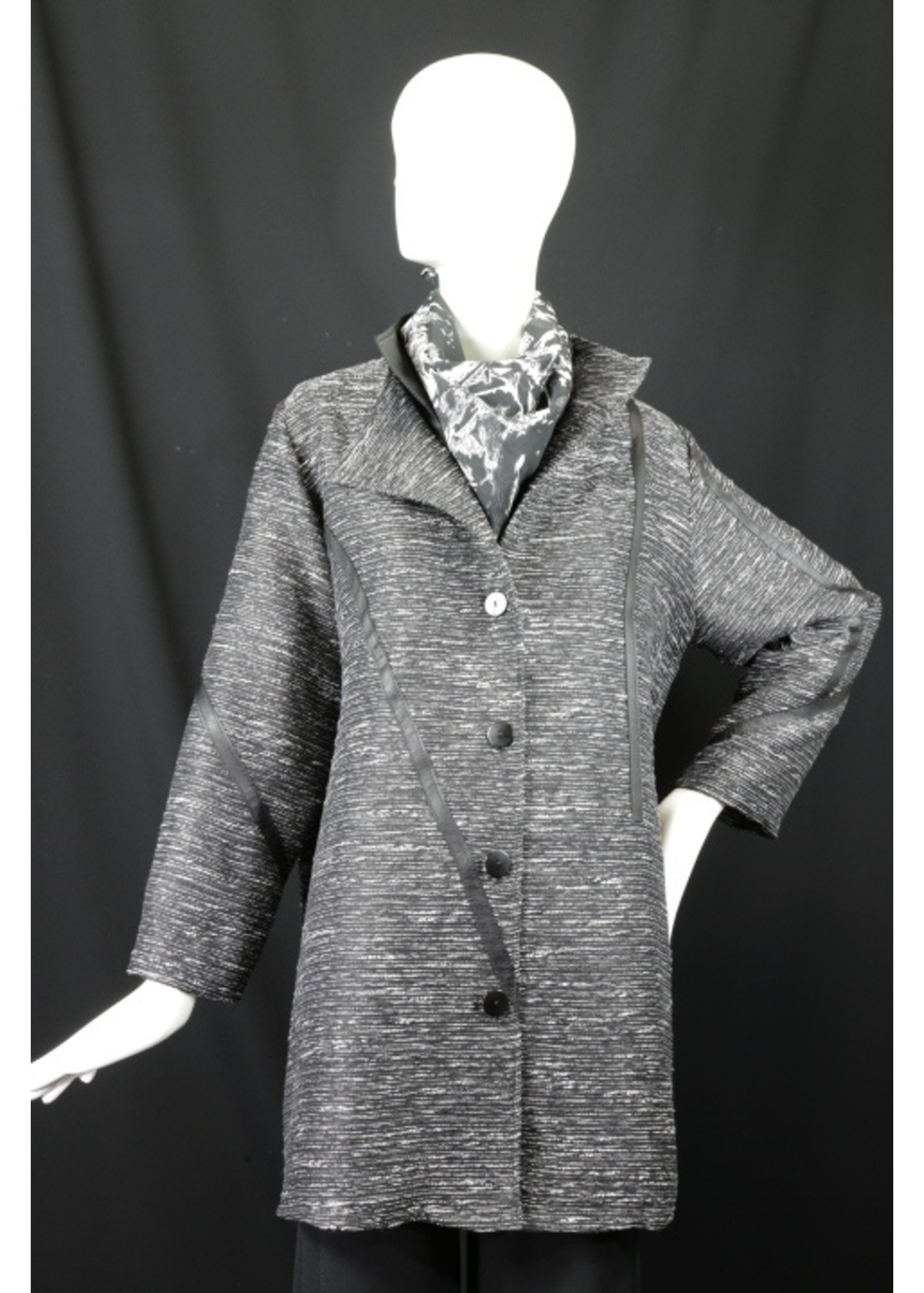 J6148-S2393-M-Double collar Blk/wht Silk Matka W/ Leather Stripes Jacket -M-