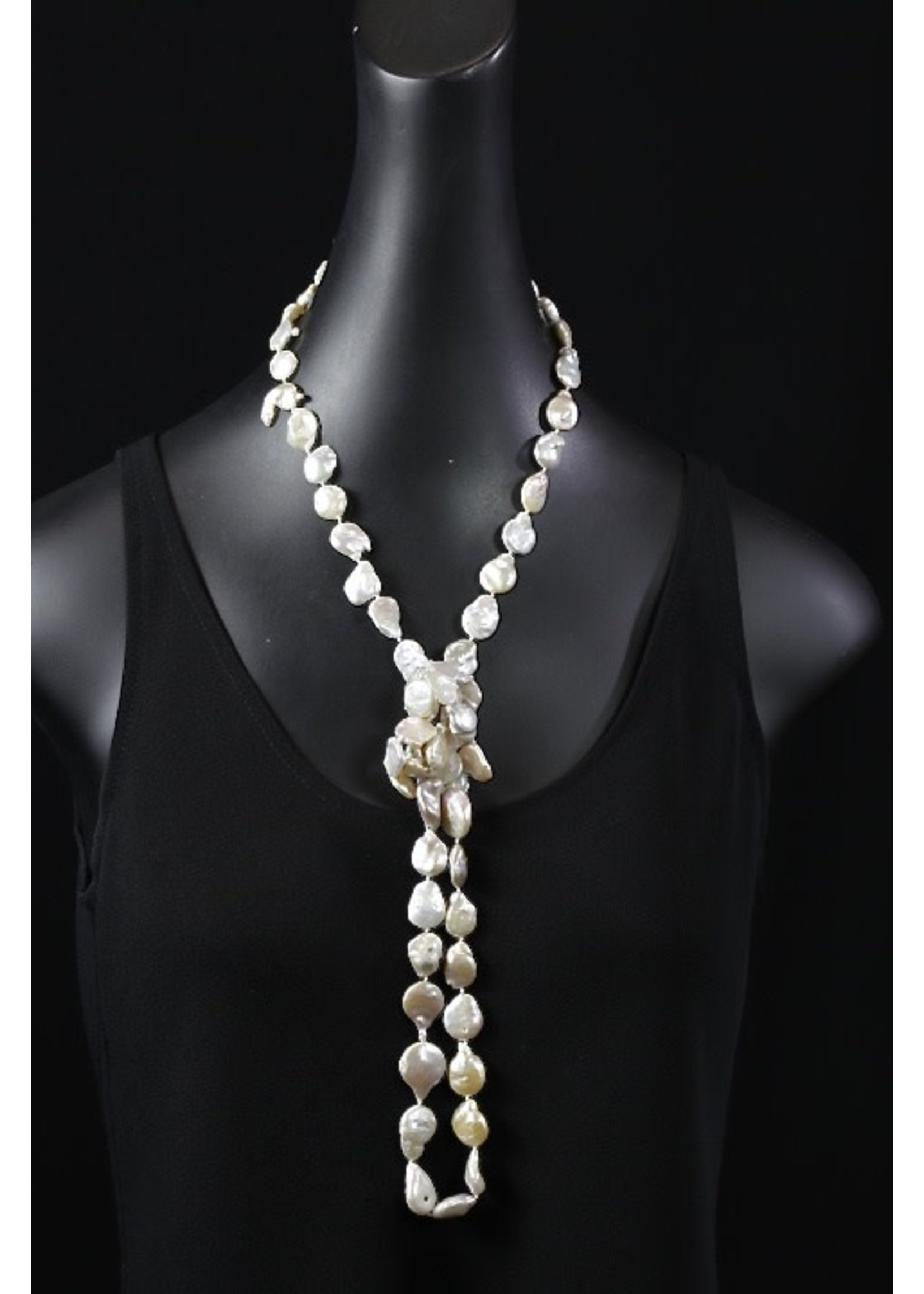 NECKLACE AC01-4097-19 Long beige Coin Pearls Necklace