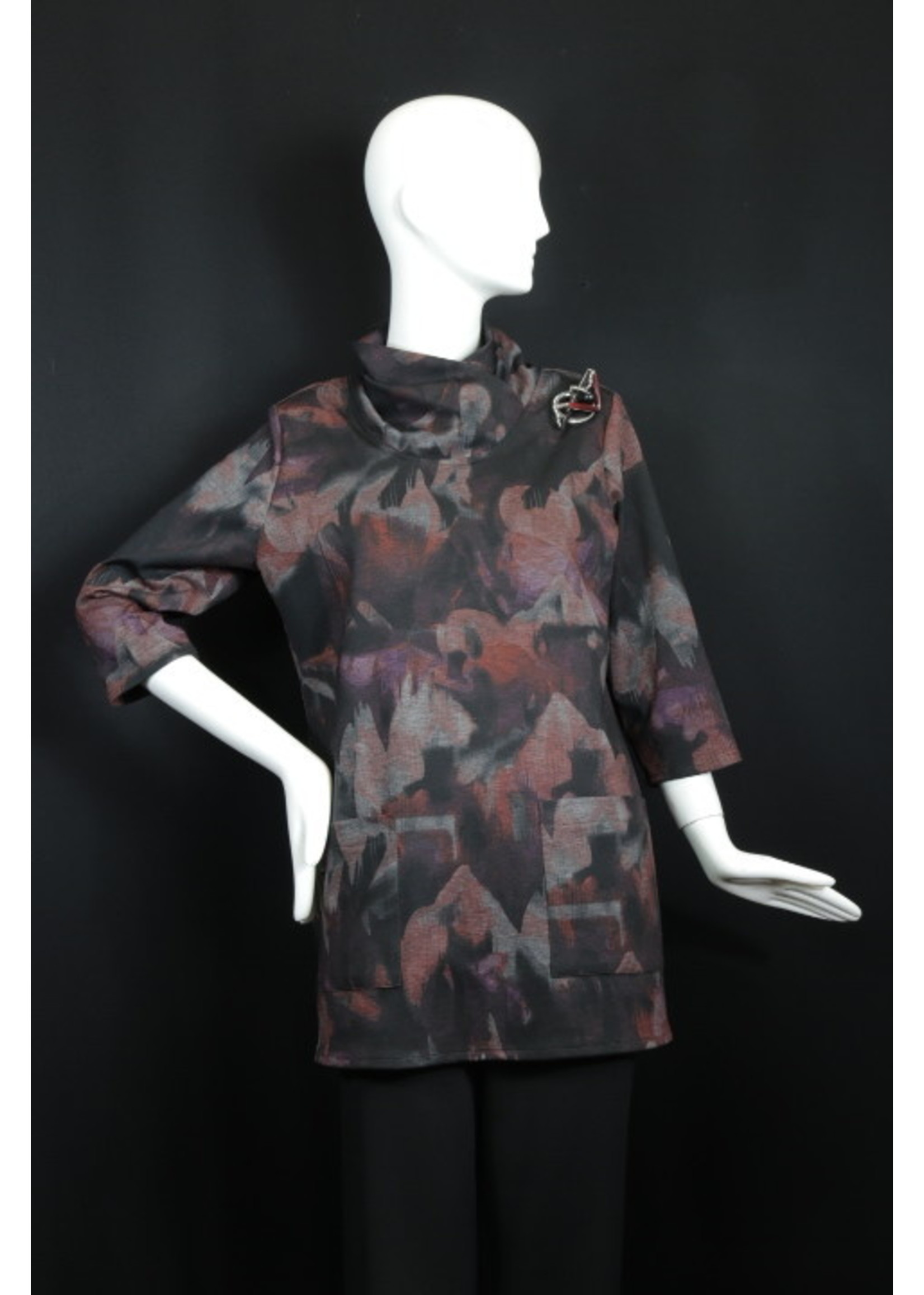 T2477-ST374-Ponte print blk,burgundy,grey knit tunic