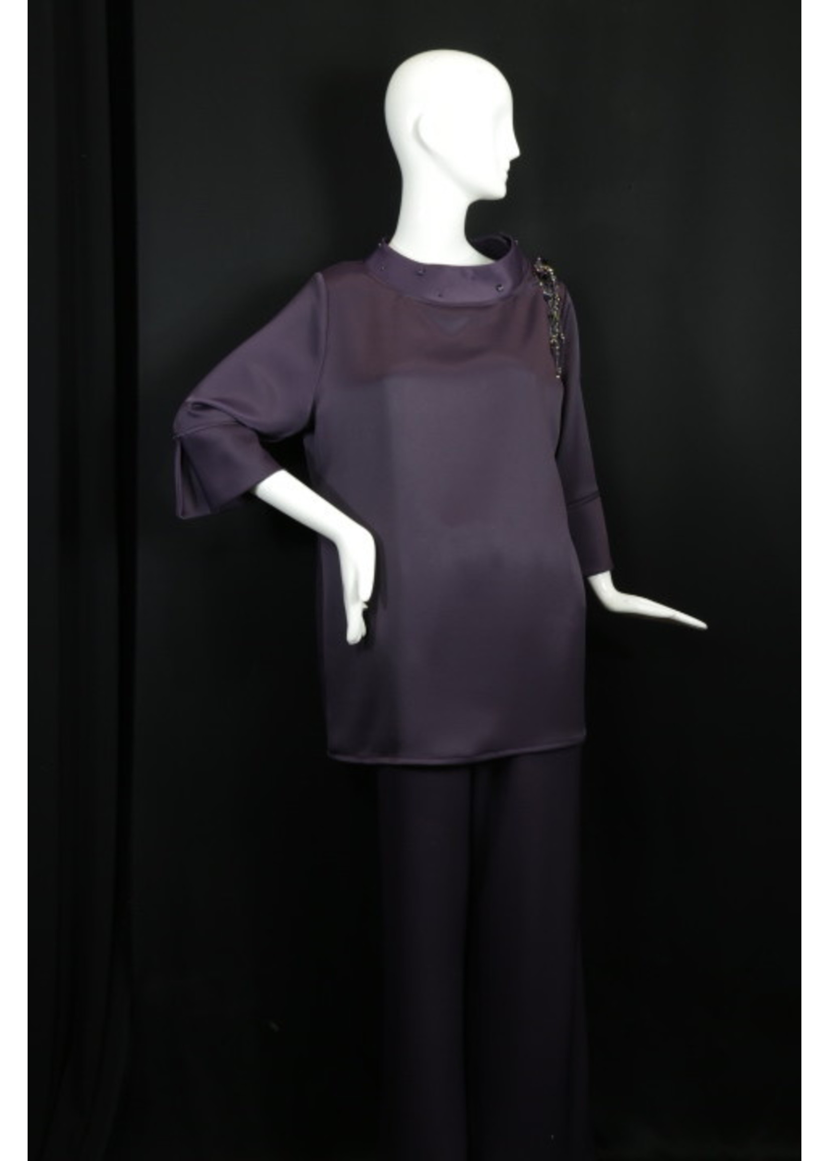 Tunic T2326-MS059-M- Eggplant Shiny Side Sophia T2036-Beaded collar T2450 Cuff Tunic -M-