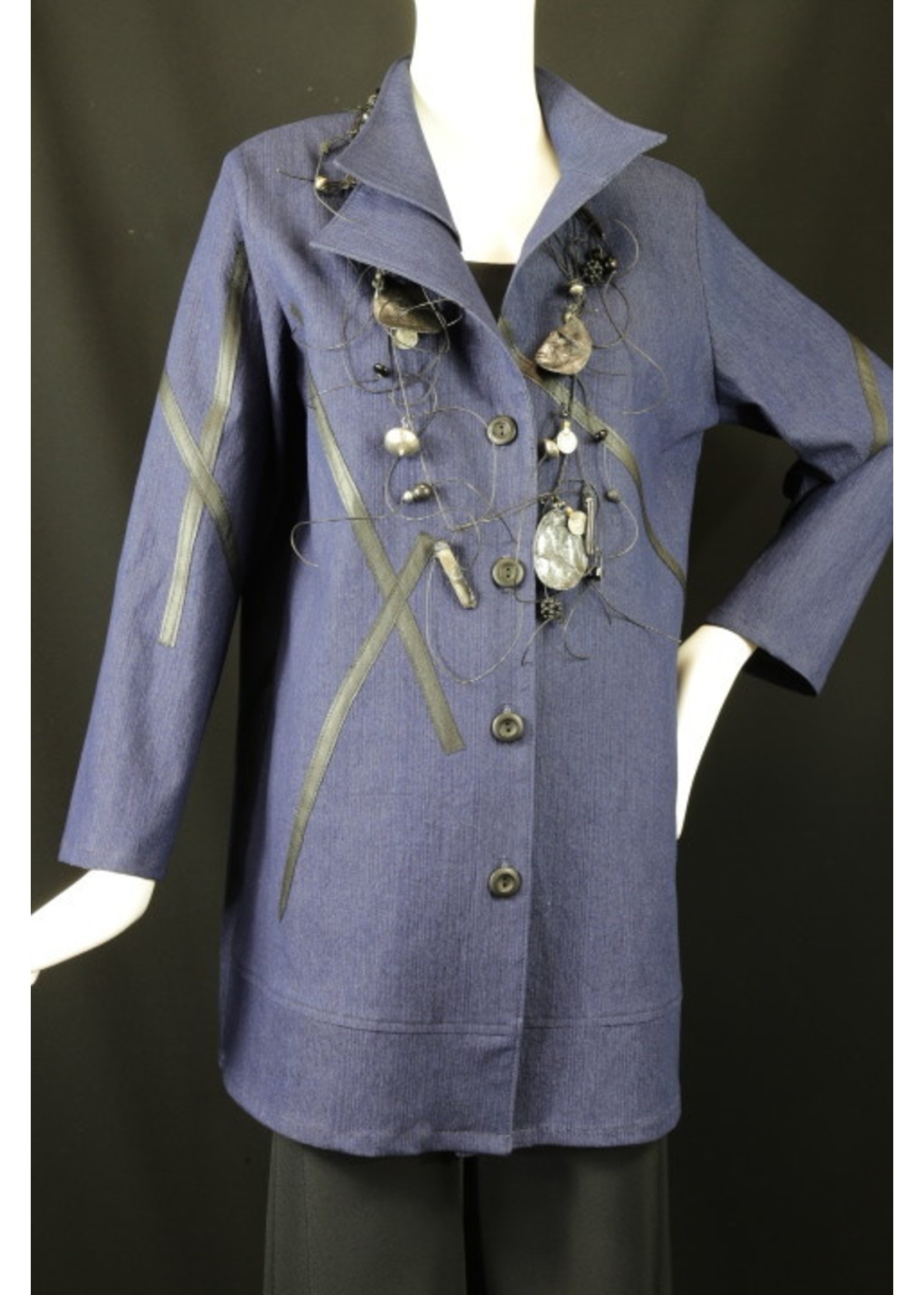 Jacket J6148-C0410W-S-Double collar Blue Denim W/ leather stripes Jacket