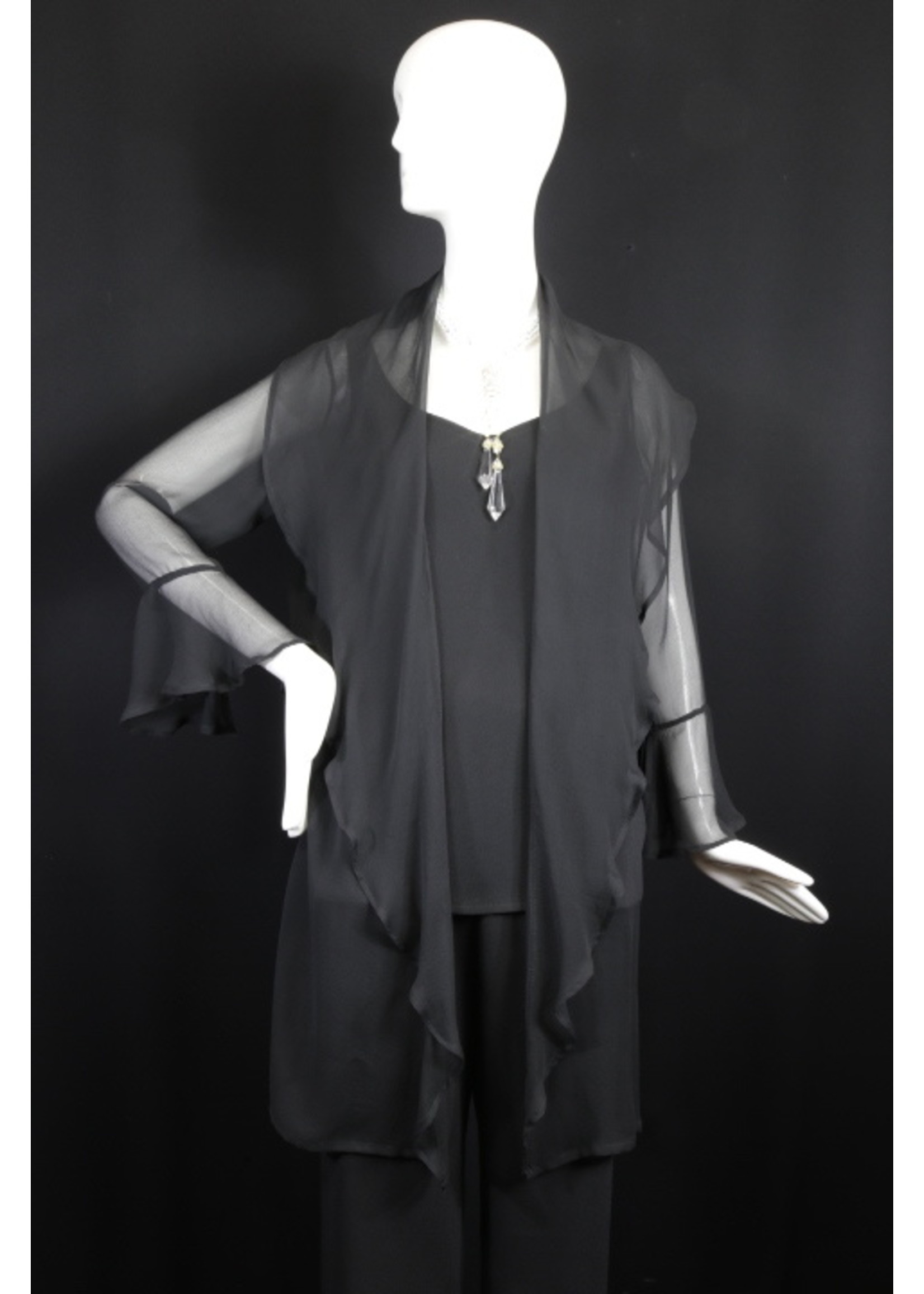 J5312-S2001-Black silk georgette jacket with ruffle collar & cuff