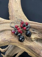 AC01-3073-15 Black Crystal and red coral cluster earring