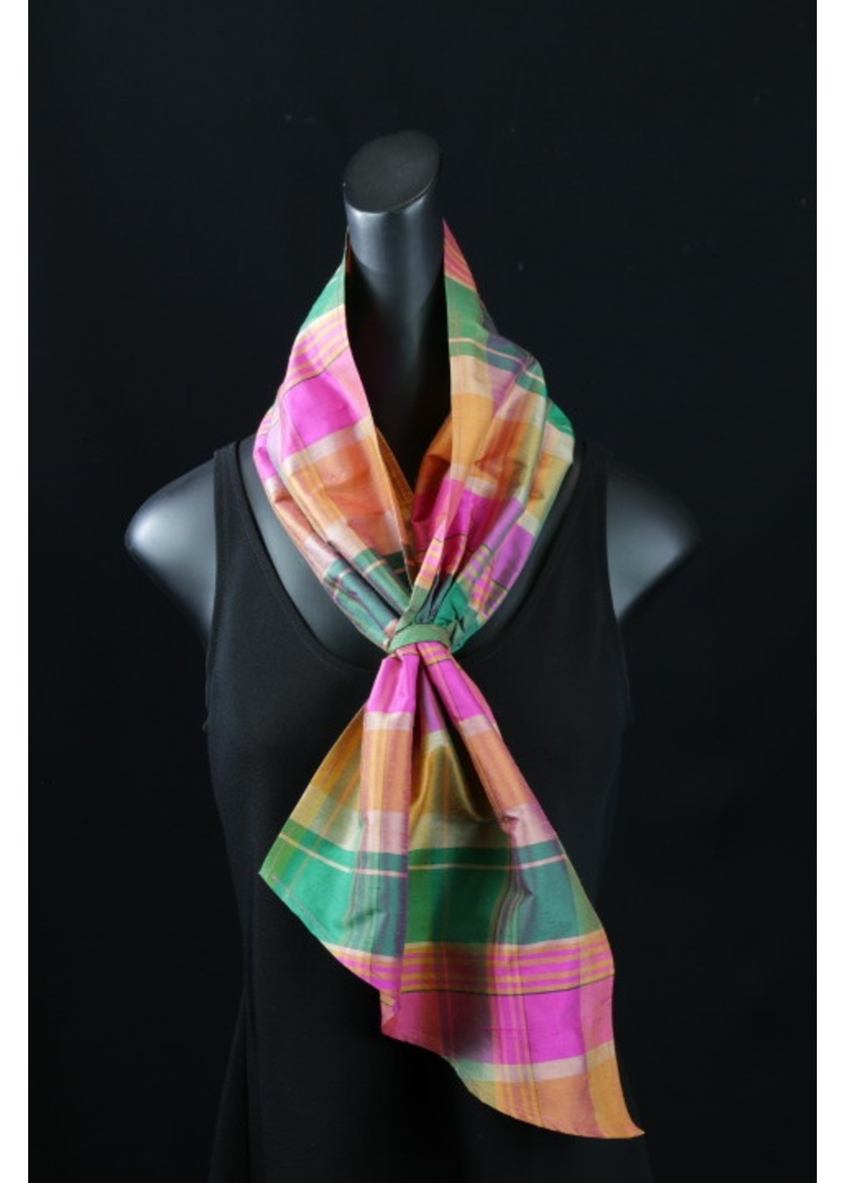 SH1039-S2320-Pink,green, yellow plaid silk doupioni scarf w/loop