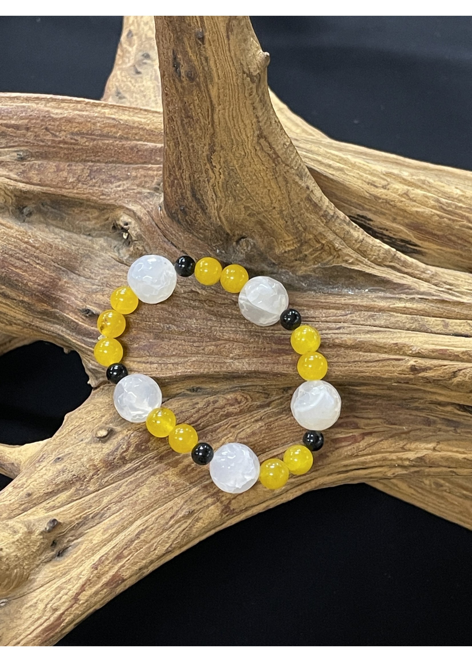 AC01-4147-19 White,yellow & black Agate stretch bracelet