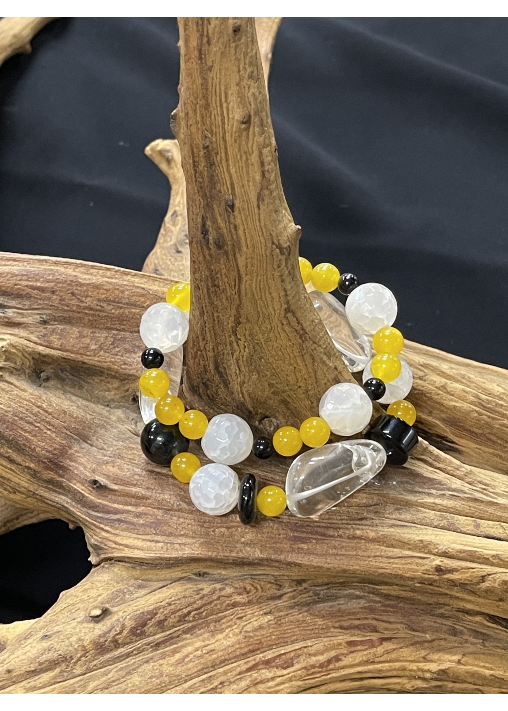 AC01-4147-19 White,yellow & black Agate stretch bracelet