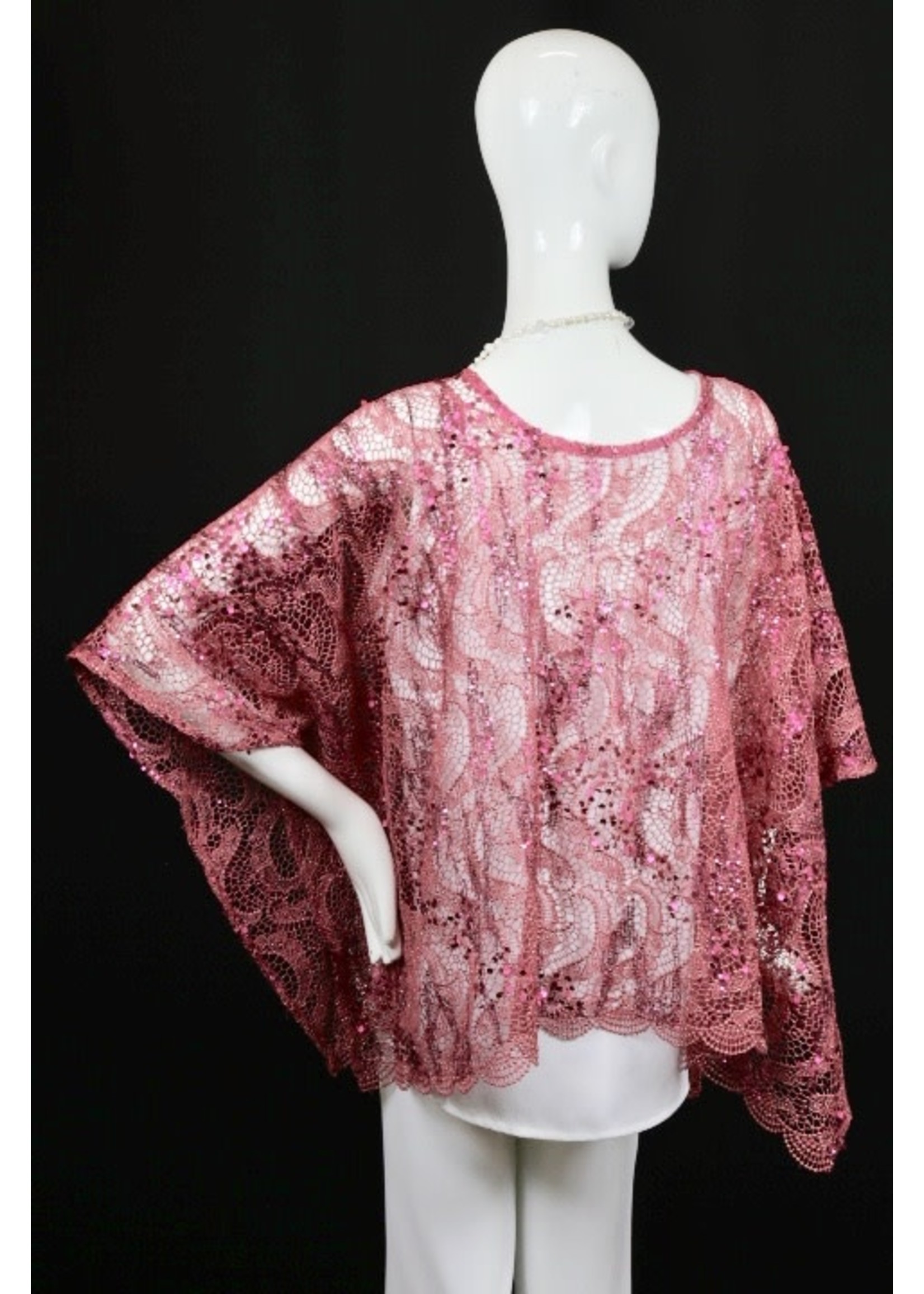 C853-ST230-O/X-PINK LACE W SEQUIN  PONCHO+3”CF/CB +6”SIDES