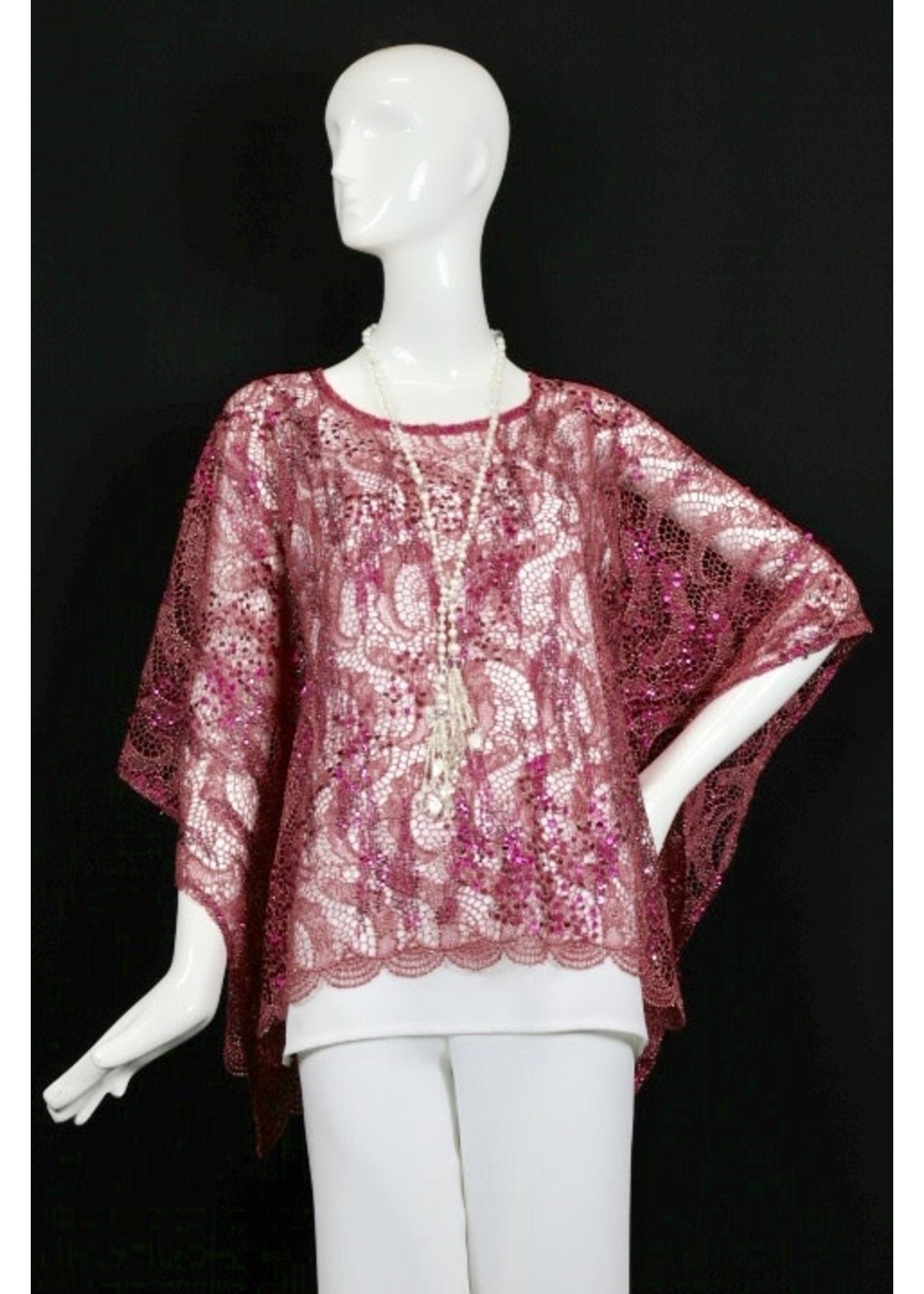 C853-ST230-O/X-PINK LACE W SEQUIN  PONCHO+3”CF/CB +6”SIDES