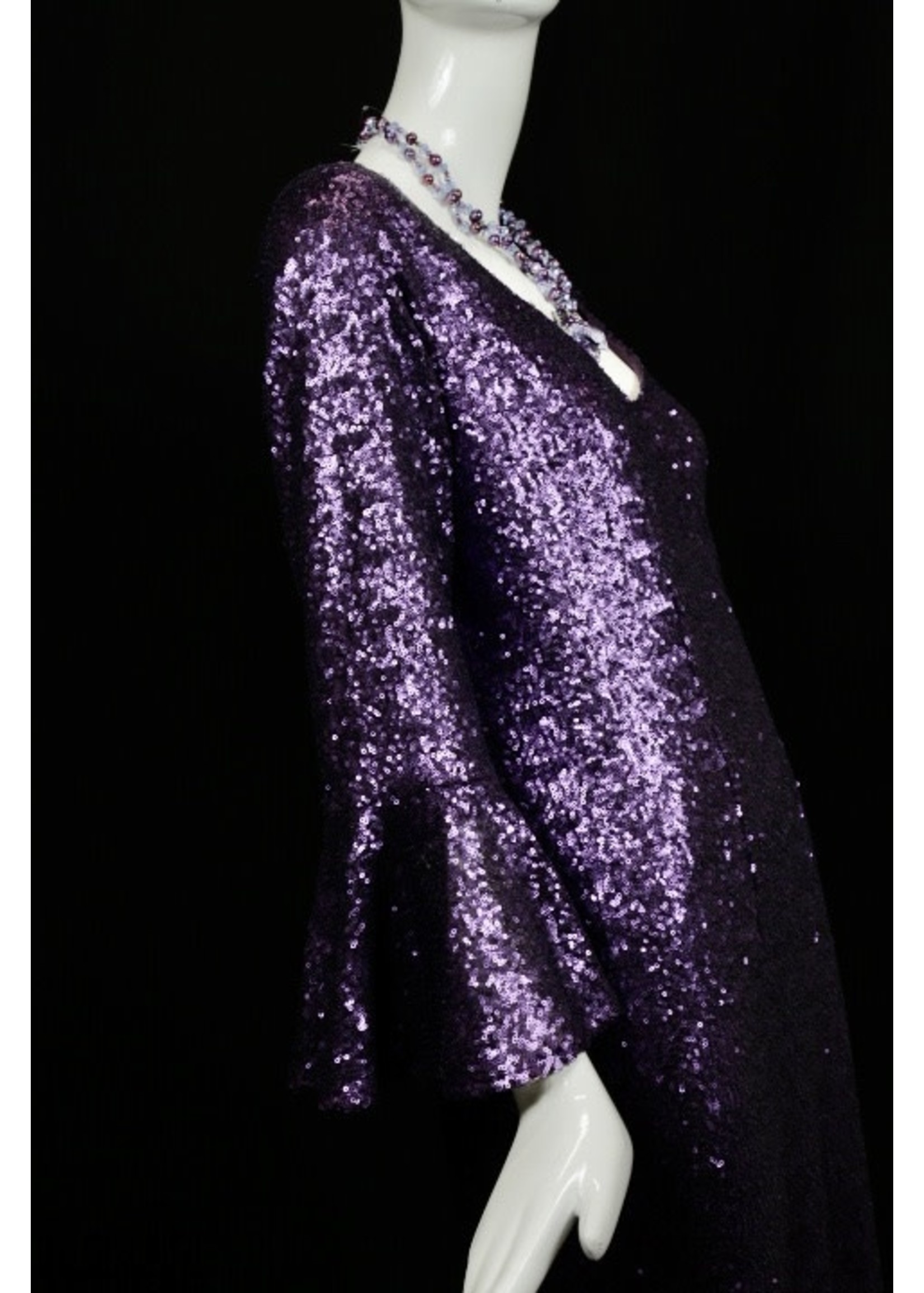 Sequin Cassis Dress with Flounce & Ruffle Sleeve  -S-