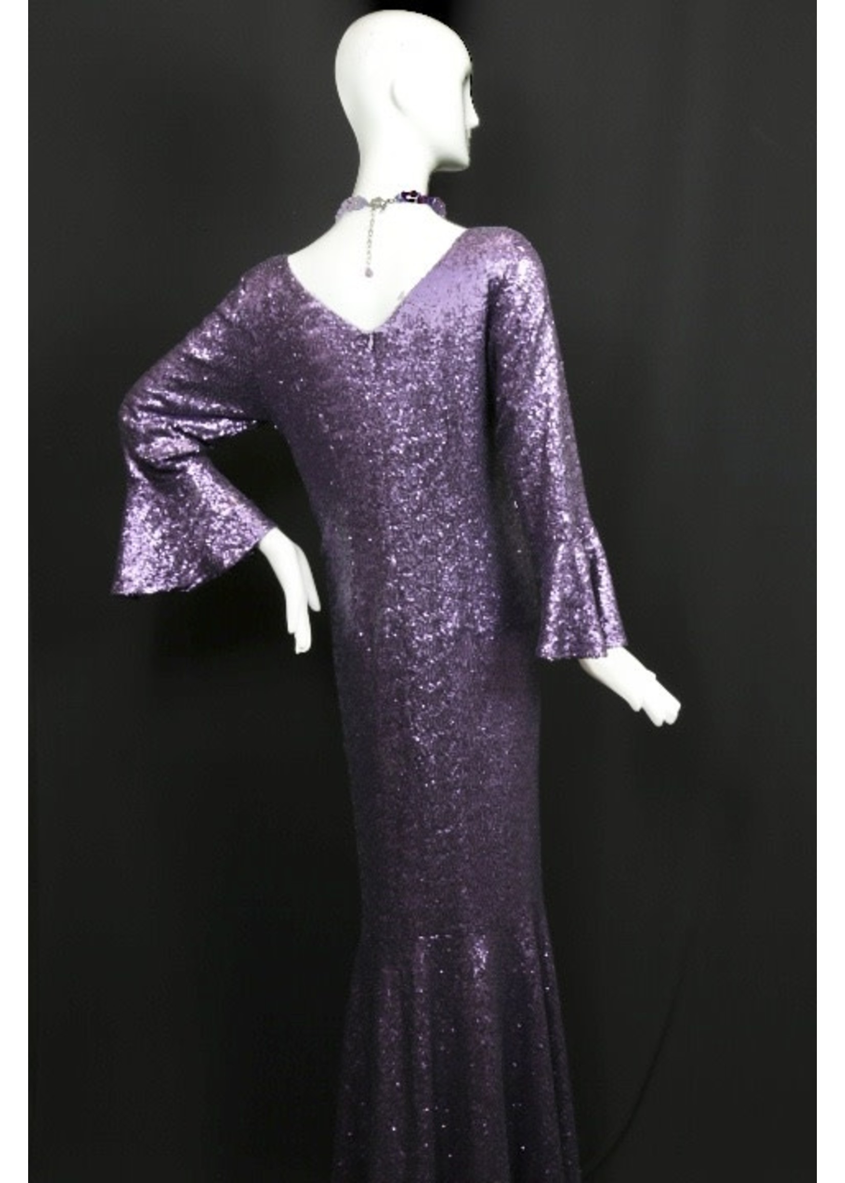 Sequin Cassis Dress with Flounce & Ruffle Sleeve  -S-