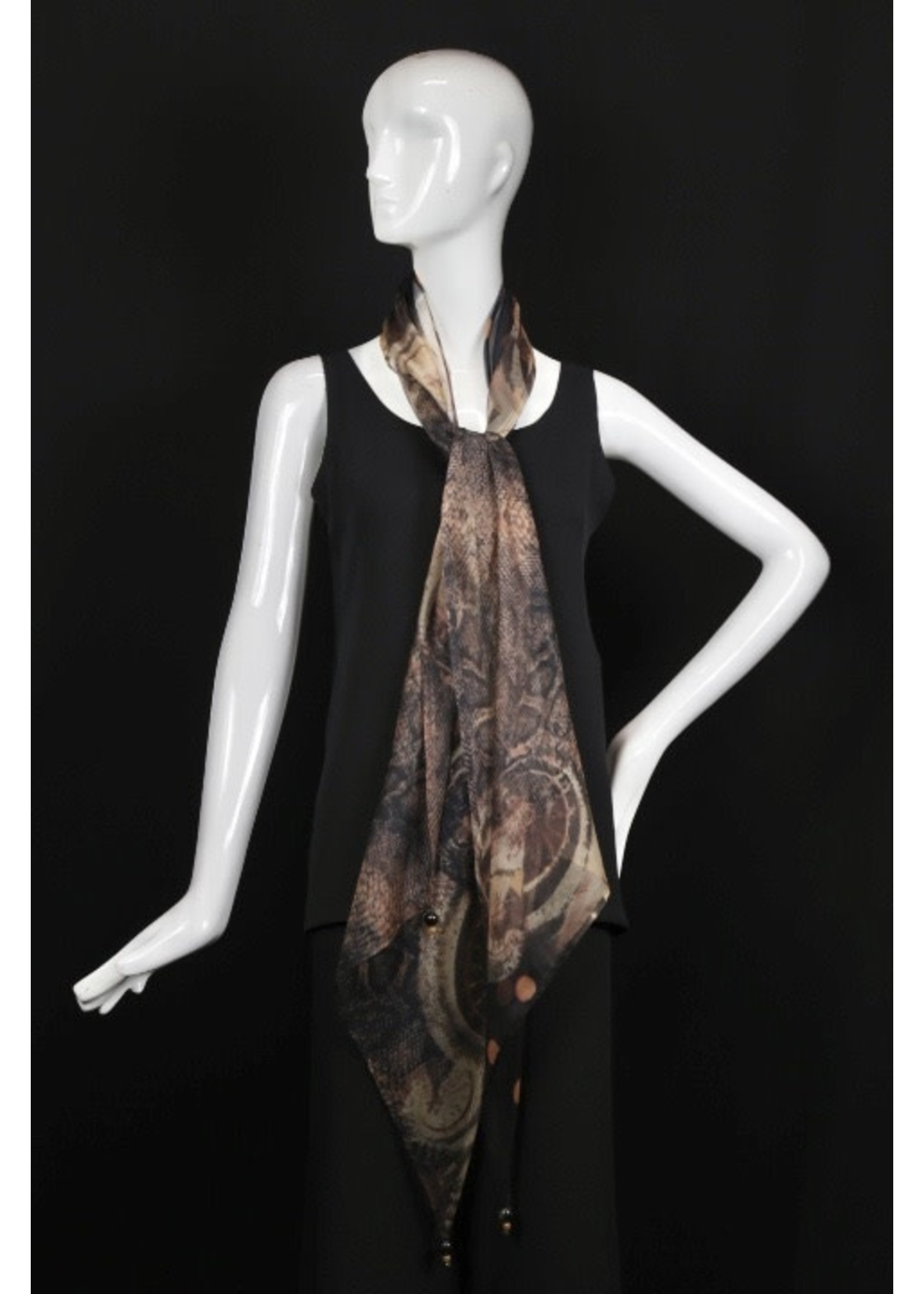 AC Scarf-Black, copper, smoke print organza scarf w beads on points