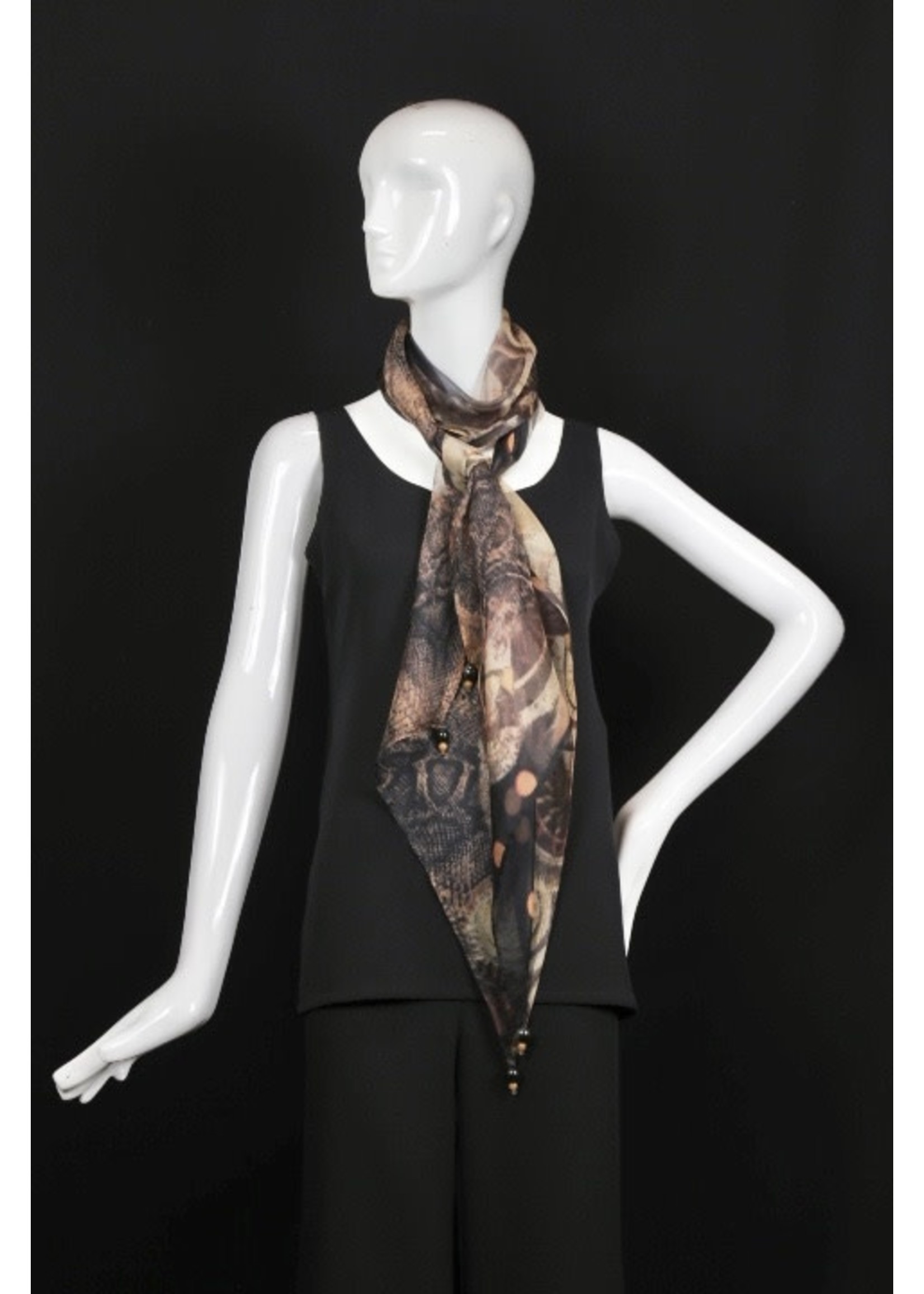 AC Scarf-Black, copper, smoke print organza scarf w beads on points