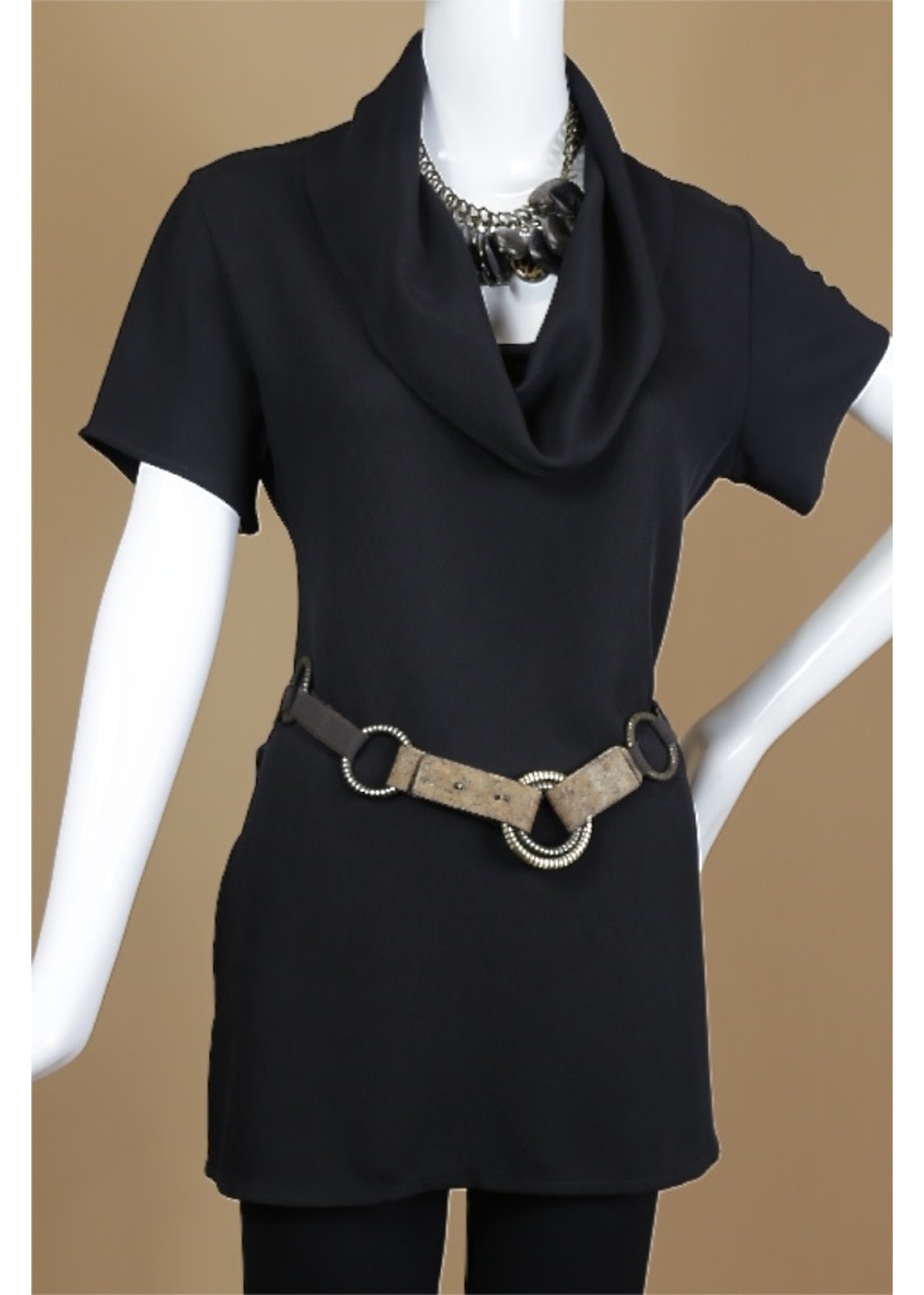 T2142-MS001-Black Cowl Short Sleeve Sophia Tunic
