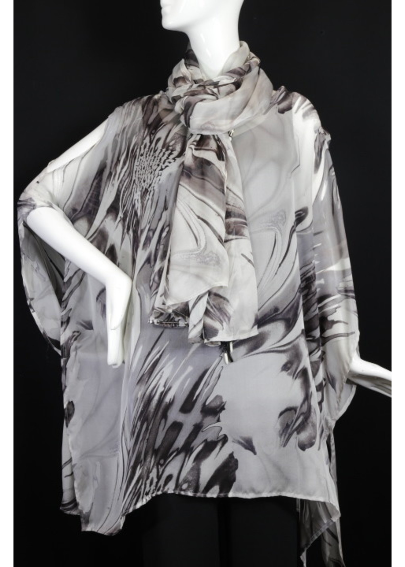 C857+5"-S2231-O/S-Black, white, grey silk georgette poncho