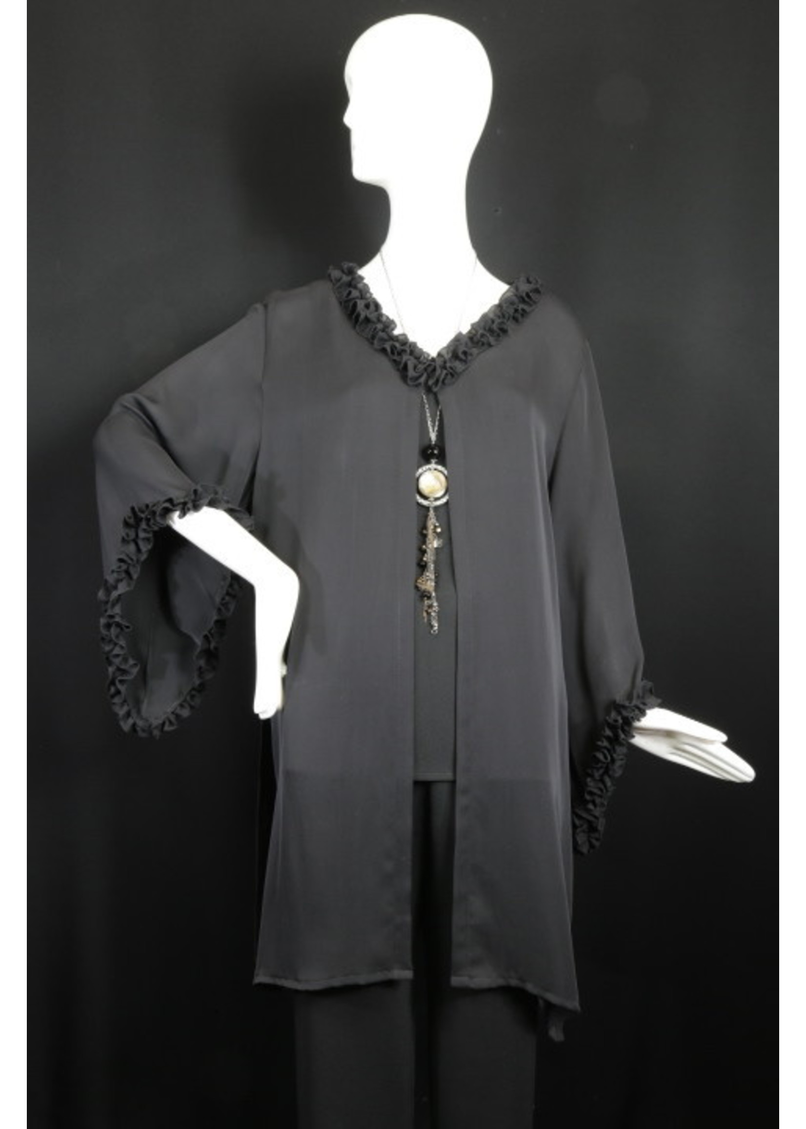 J6144-S2014-S-Black double Silk Georgette with Ruffle Collar & sleeve (Longer vents)