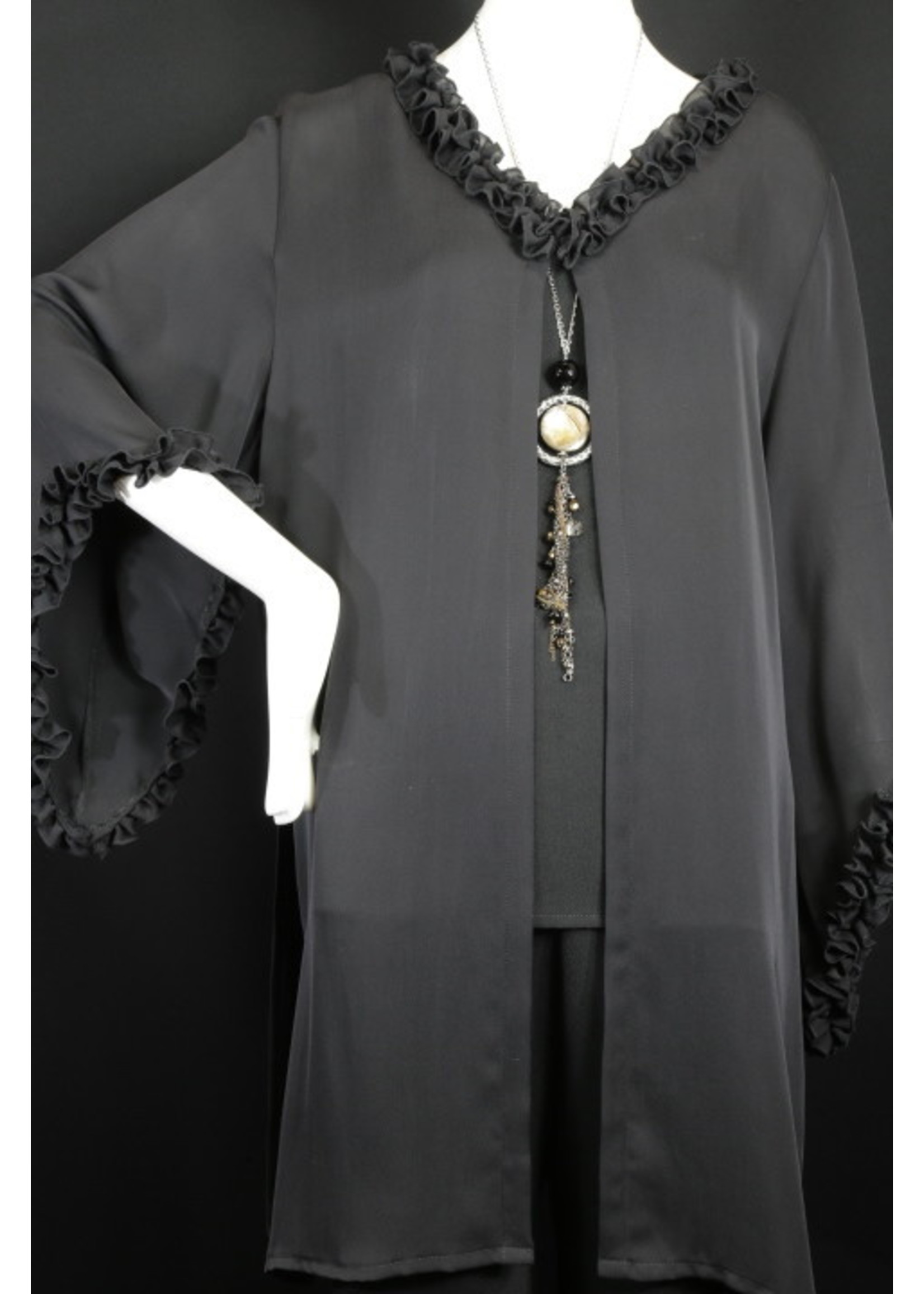 J6144-S2014-S-Black double Silk Georgette with Ruffle Collar & sleeve (Longer vents)