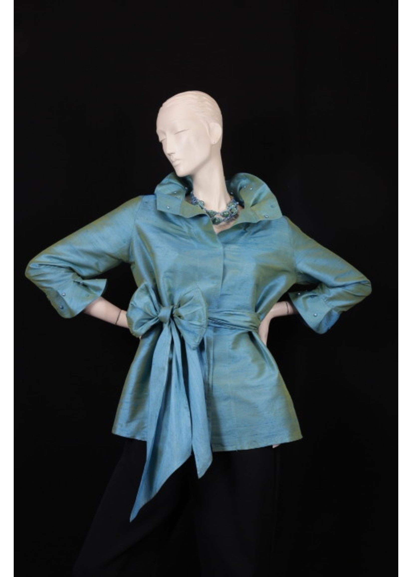 Jacket J5557+3"S2289-P- Turquoise Silk dupionni beading collar & cuff jacket w/sash Jacket -P-