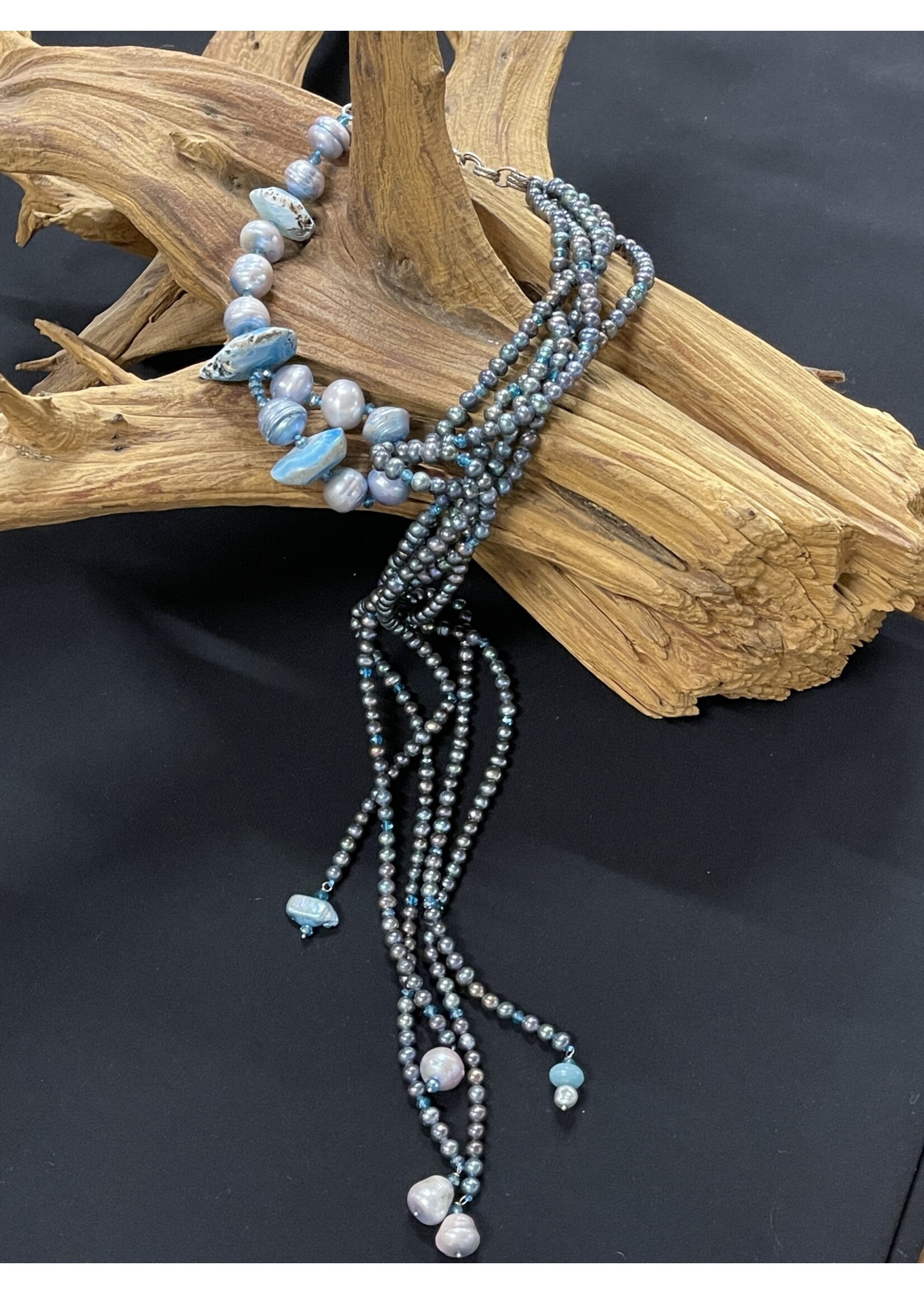 NECKLACE AC01-2616-14  Multi strands of Blue pearls & blue Agate long necklace