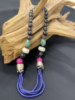 AC01-4129-19 Navy glass, african bone,turquoise necklace