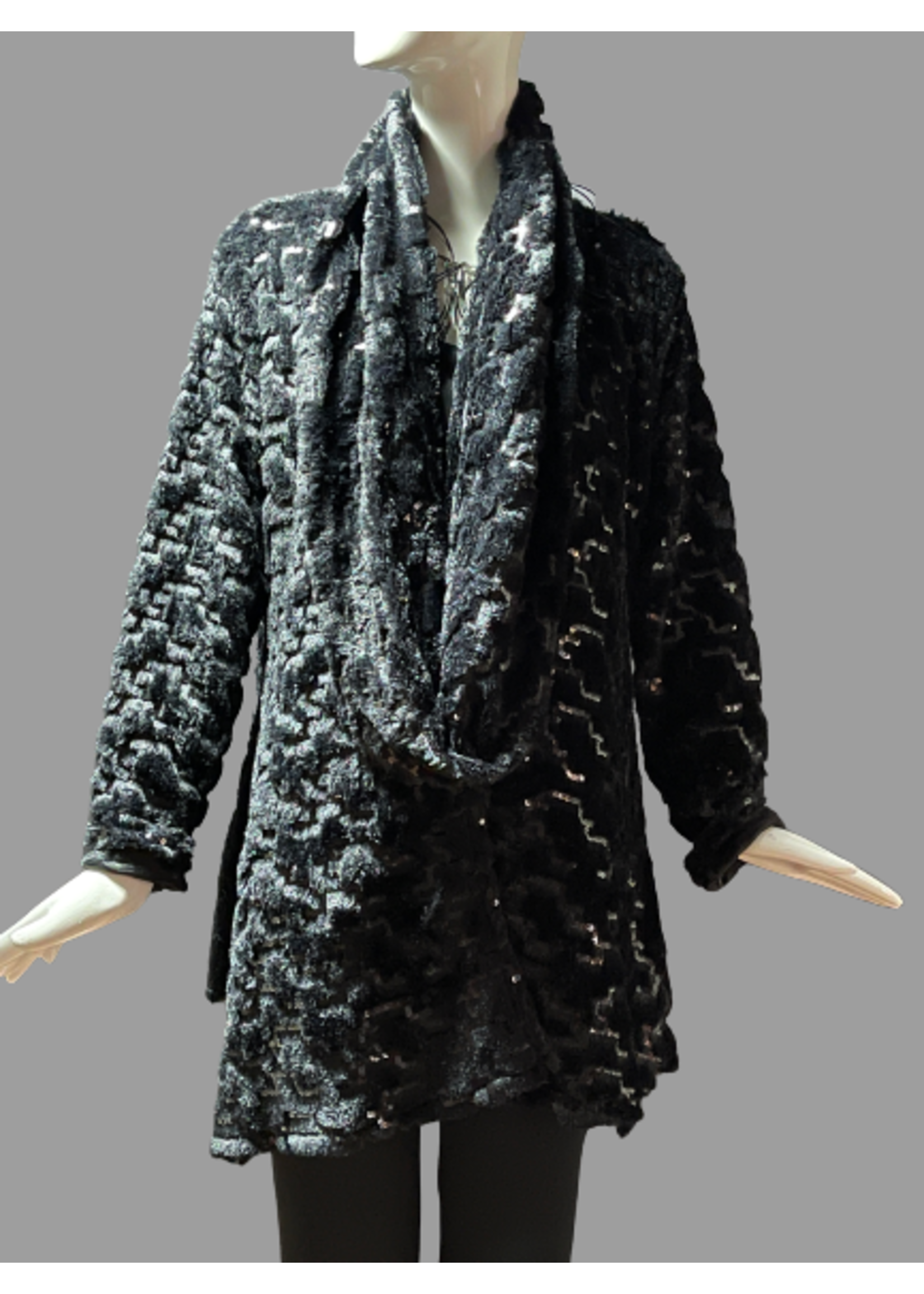 J5749-M-Faux Fur With Sequin Jacket with Side Flips & Infinity Scarf