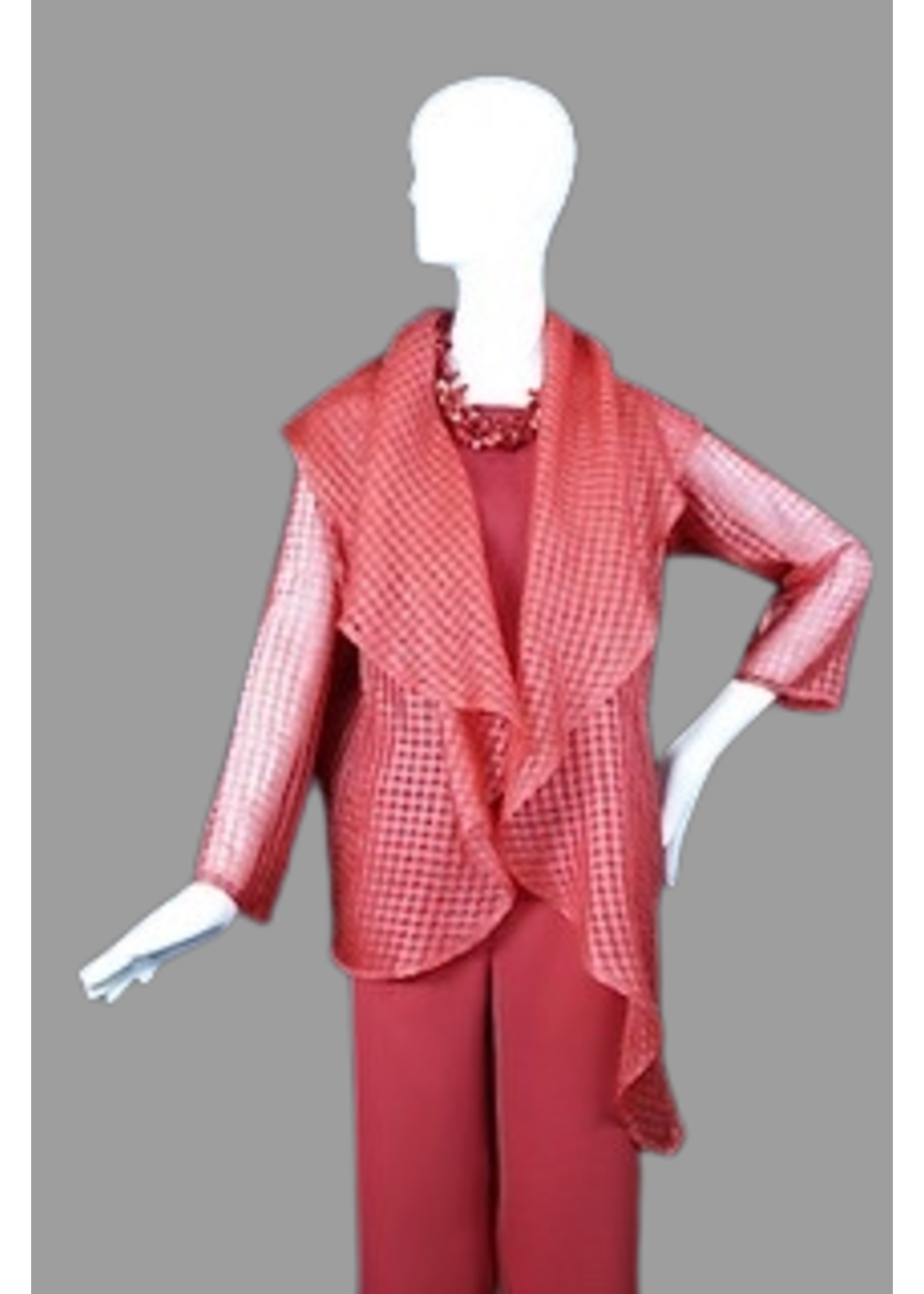 Jacket J5281-S2314-XP-Red Window Pane Soft Organza Assymetric shawl collar Jacket