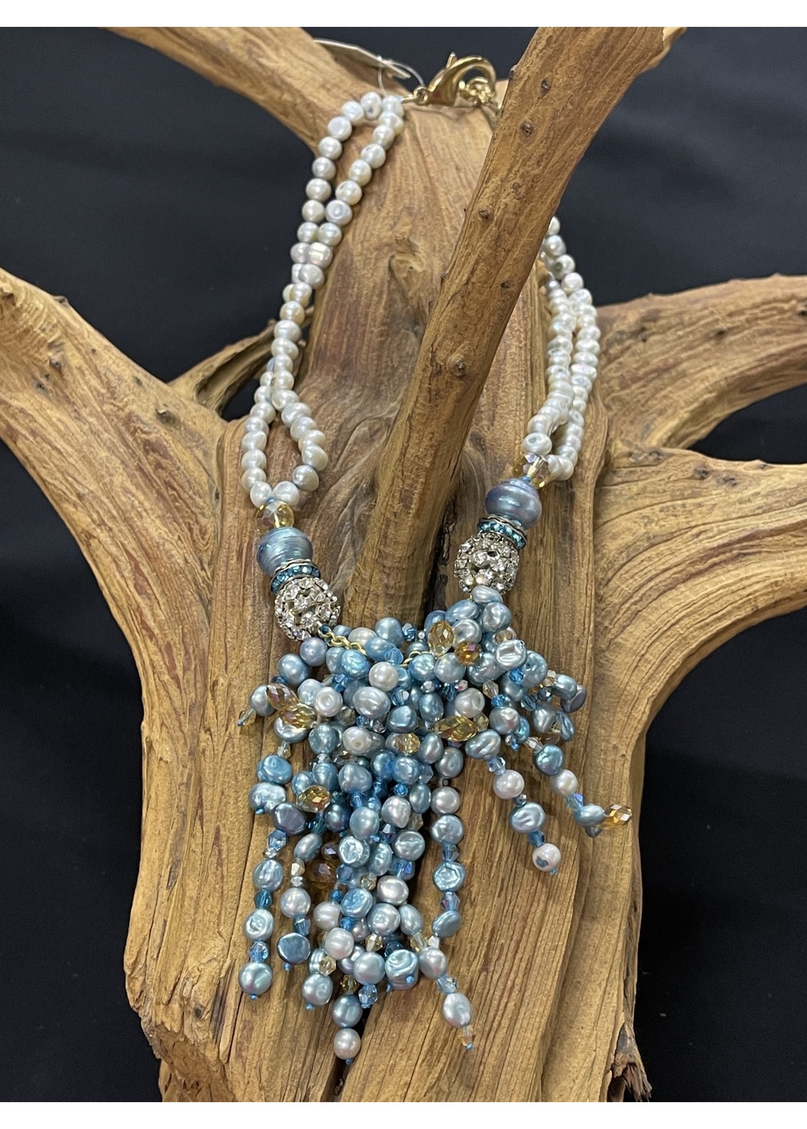 AC01-3777-17 Teal fresh water pearls / yellow citrine necklace