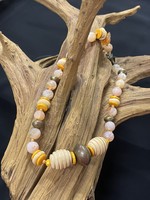 AC01-3237-16 Round faceted agate, African brass bicone beads, wooden beads, bone disk beads necklace