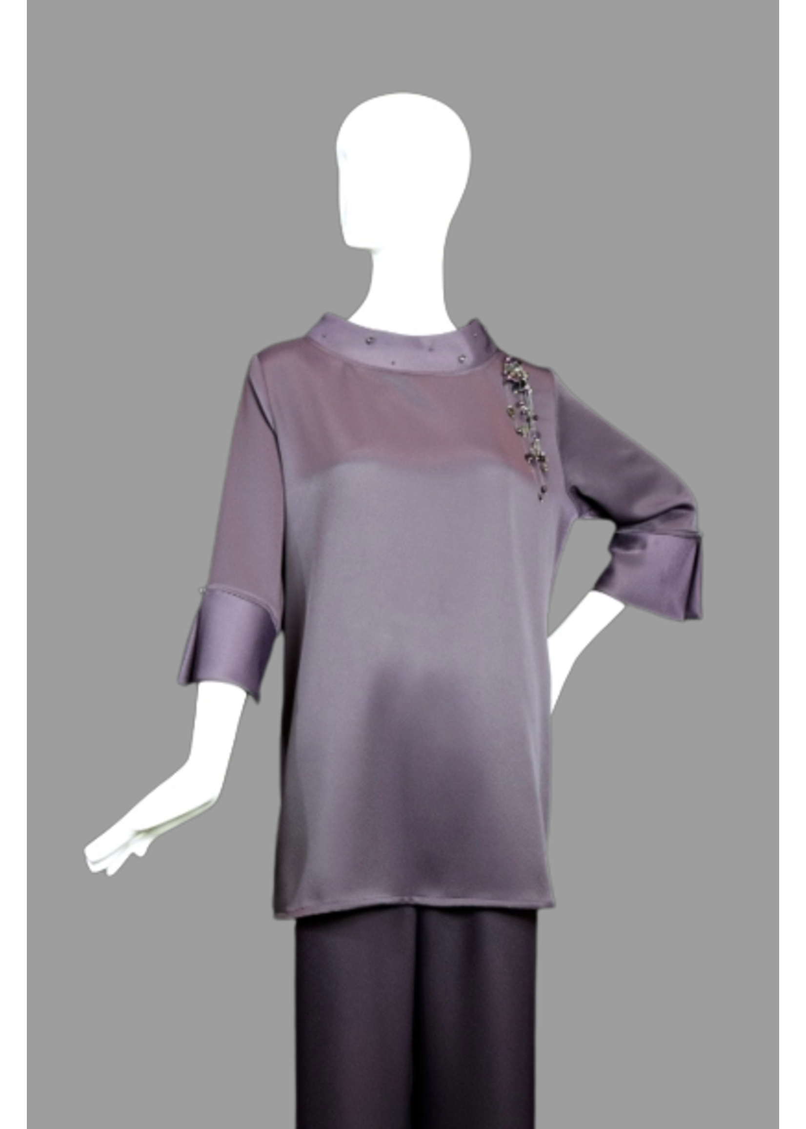 Tunic T2326-MS059-M- Eggplant Shiny Side Sophia T2036-Beaded collar T2450 Cuff Tunic -M-