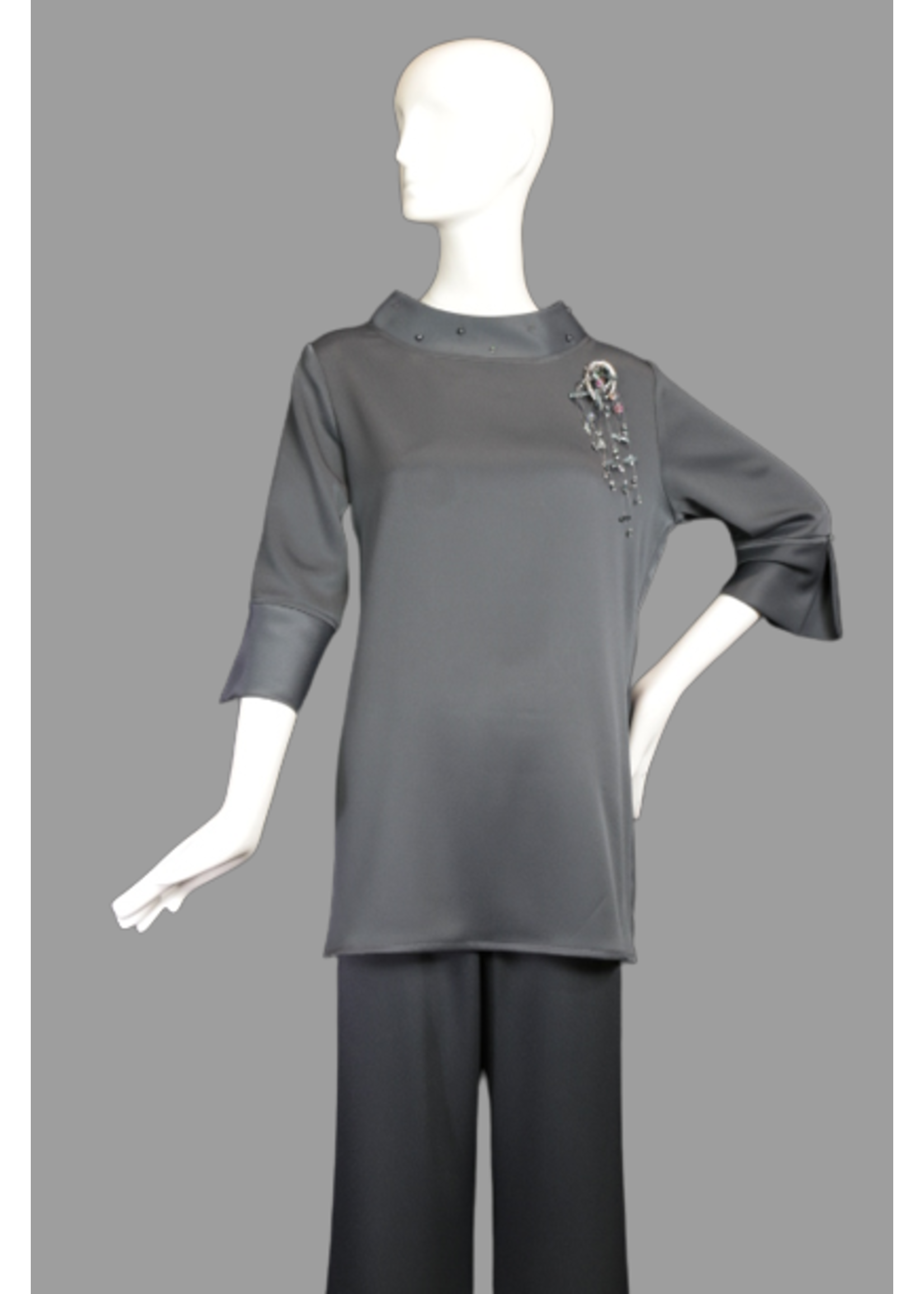 Tunic T2326-MS070-S- Slate Shiny Side Sophia T2036 Beaded collar T2450 Cuff Tunic-S-