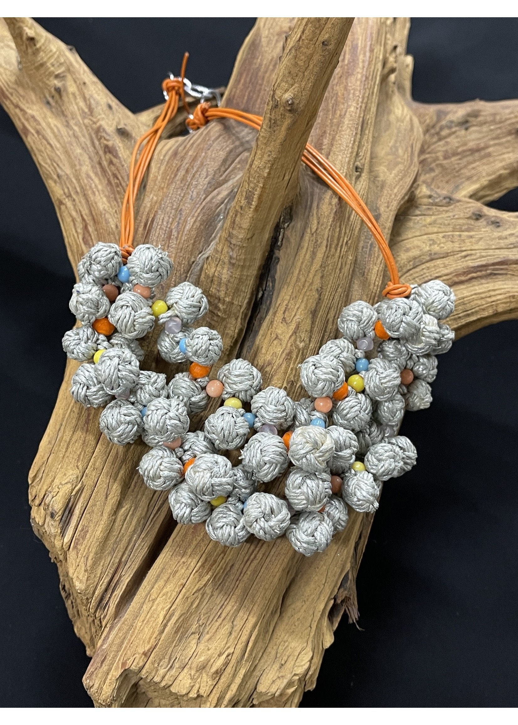 AC01-4543-20 Silver & multicolor beads on orange leather necklace