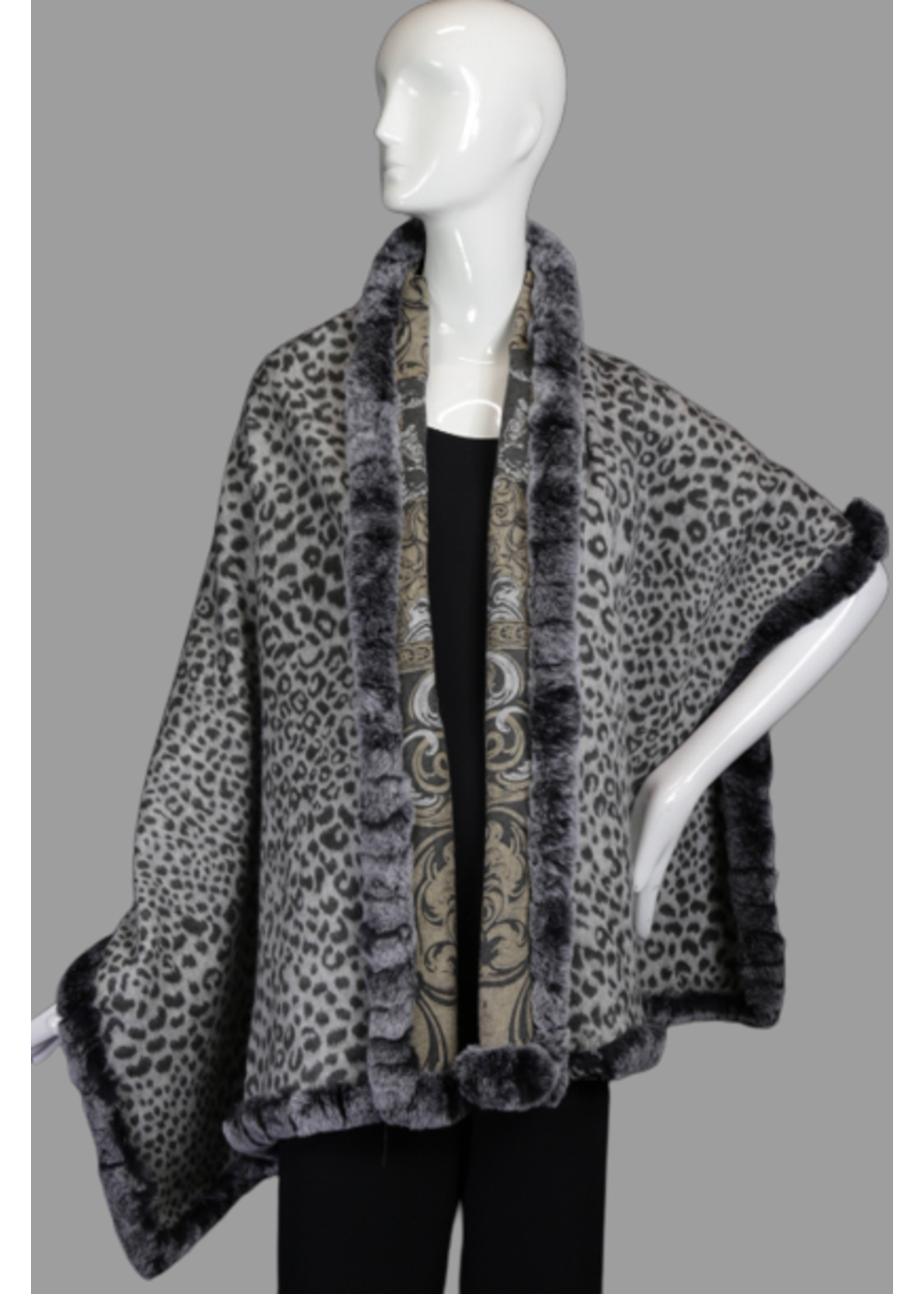 Shawl LF-CASHRF-22 Woven Wrap W/Rex Rabbit Fur Trim O/S