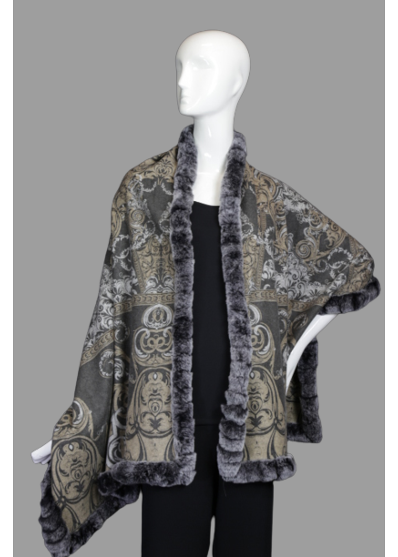 Shawl LF-CASHRF-22 Woven Wrap W/Rex Rabbit Fur Trim O/S