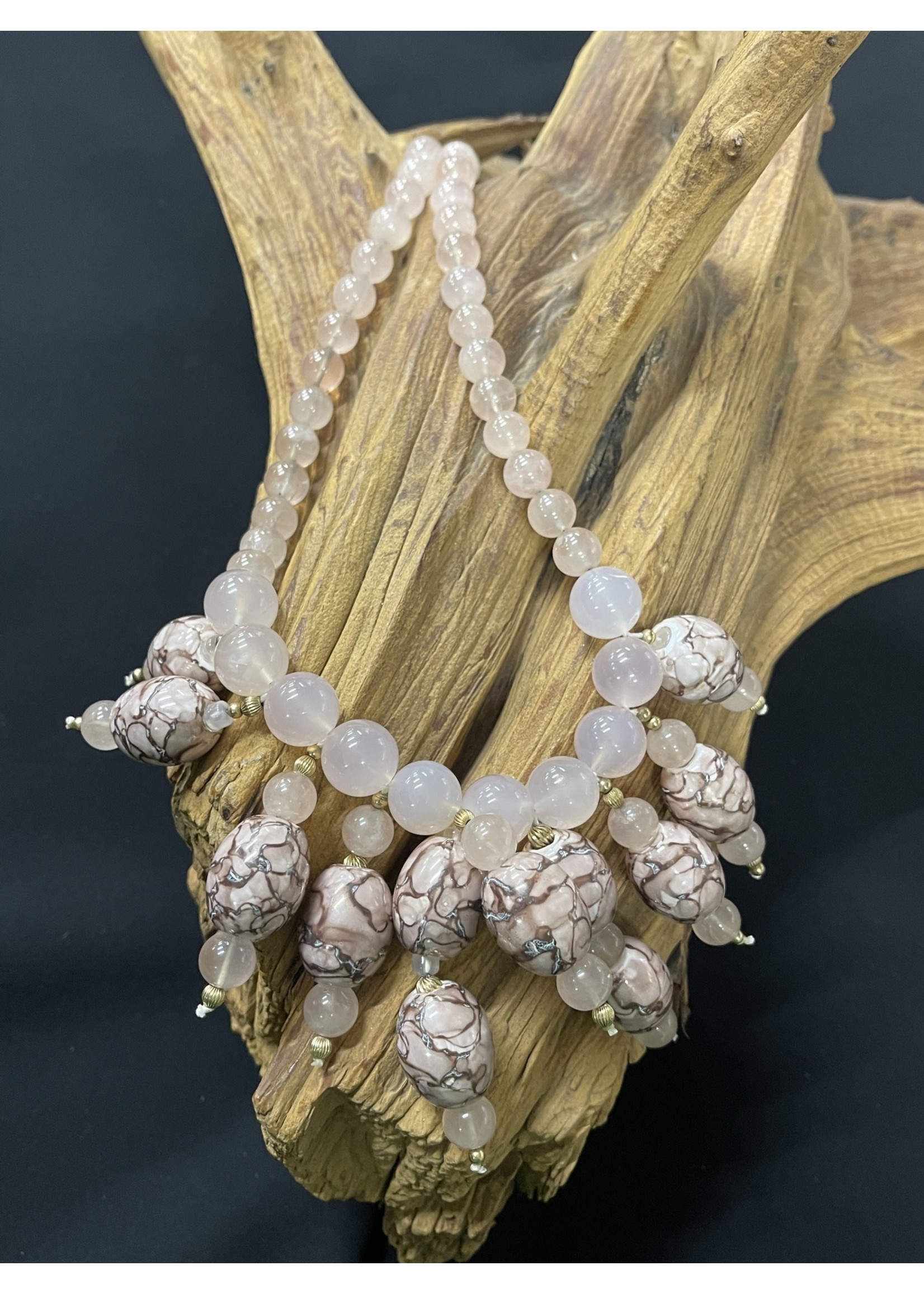 AC01-4224-Rose quartz & ceramic beads necklace