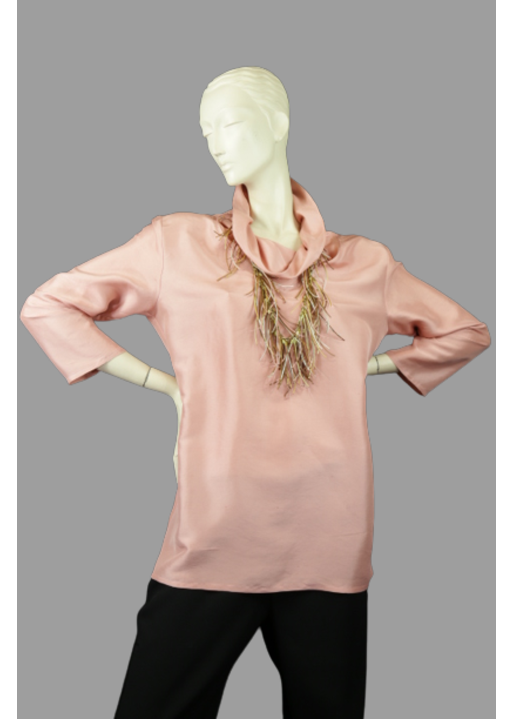 T2298-S1926-M- Pink Silk Linen V cowl neck Tunic-M-