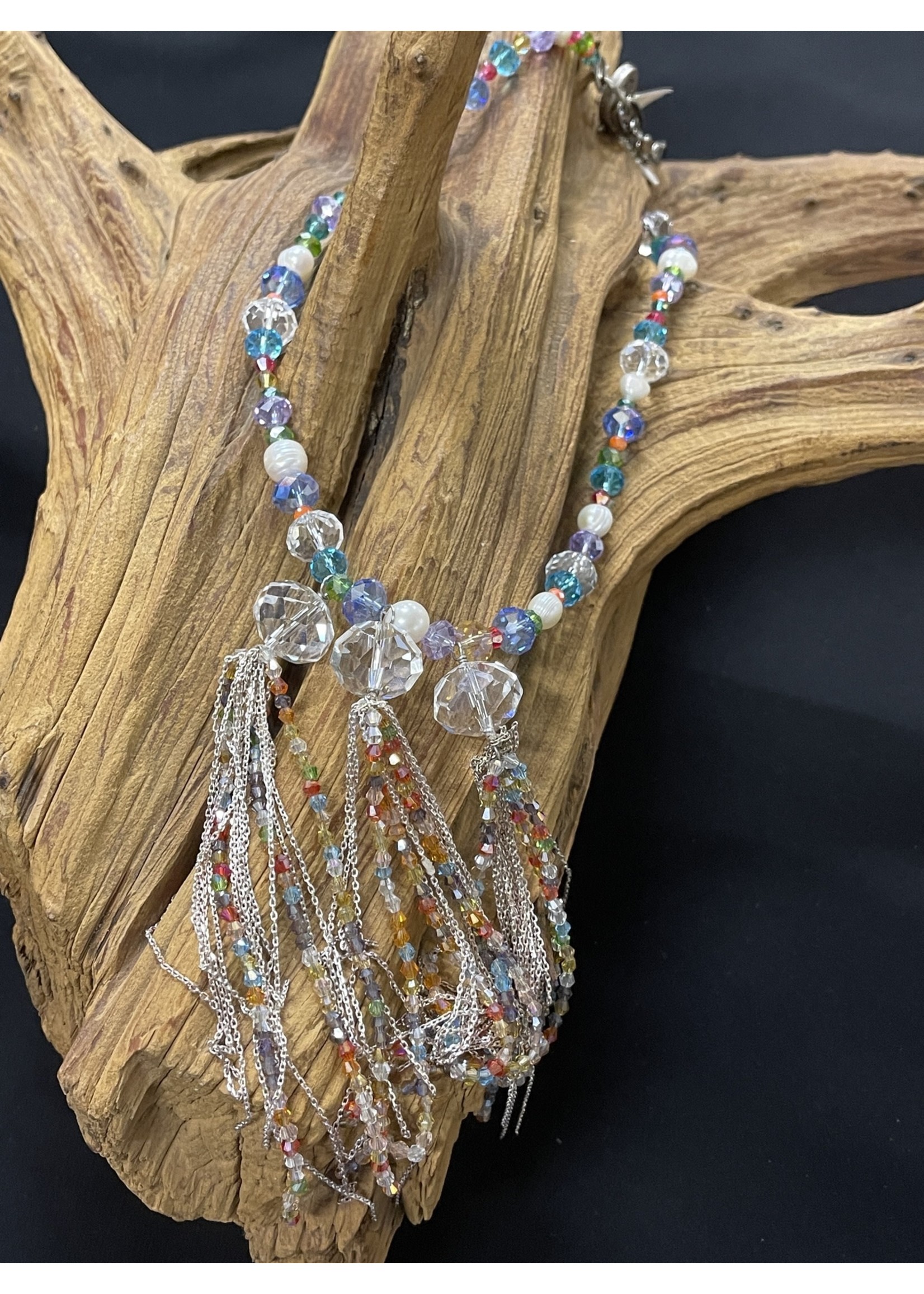 AC01-3895-18 Multicolor crystal  necklace with silver chain tassle