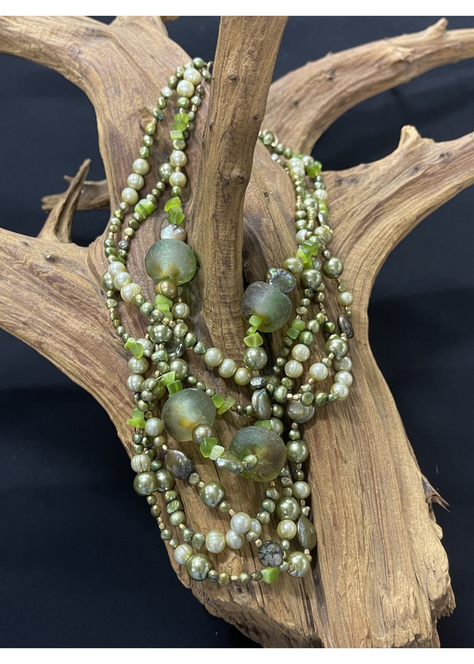 AC01-3865-18 Multi strands of green lime pearls with gold beads necklace