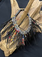 AC01-3850-18 Black  strings leather / multicolor african beads / vinyl heishi discs necklace