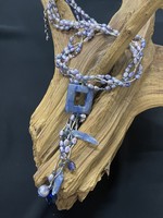 AC01-3913-18 Blue biwa pearls/ sodalite square pendant & silver tubes necklace