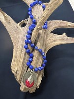 AC01-3703-17 Long Lapis Necklace With Gold Medallion and Red coral pendant