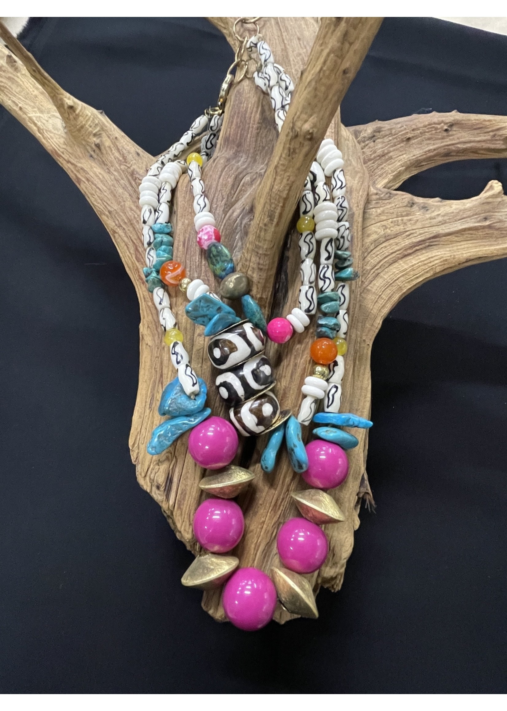 AC01-3883-18 Turquoise,white african bone, pink & yellow agate necklace