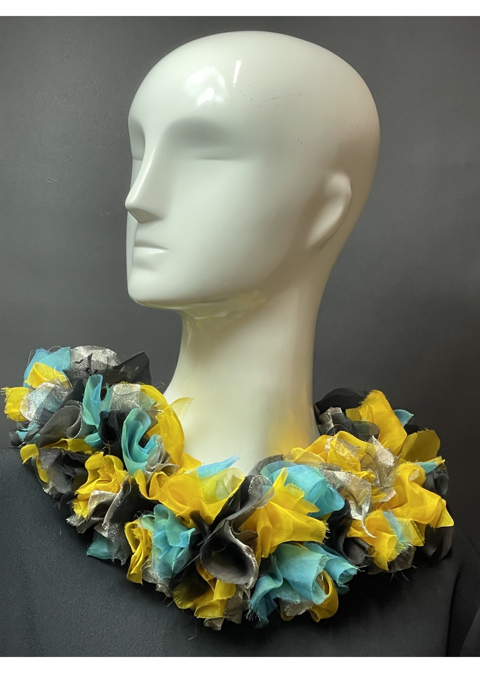 AC01-4812-23 Turquoise, yellow, silver & black Fabric necklace on black leather