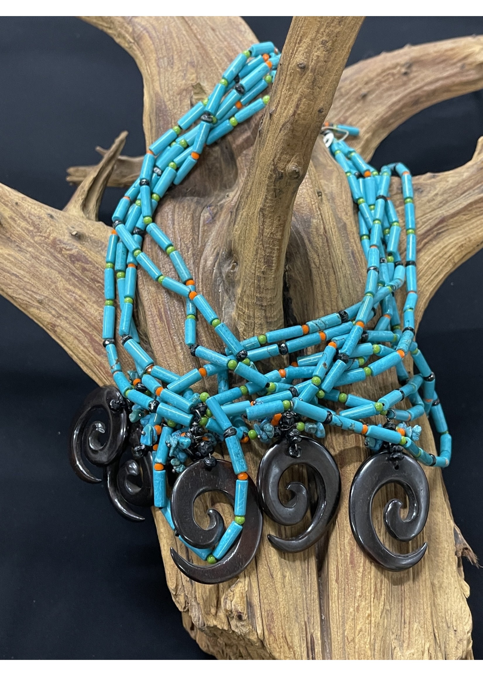 AC01-1888-13 Multi-strands of turquoise tubes, wooden spiral accents