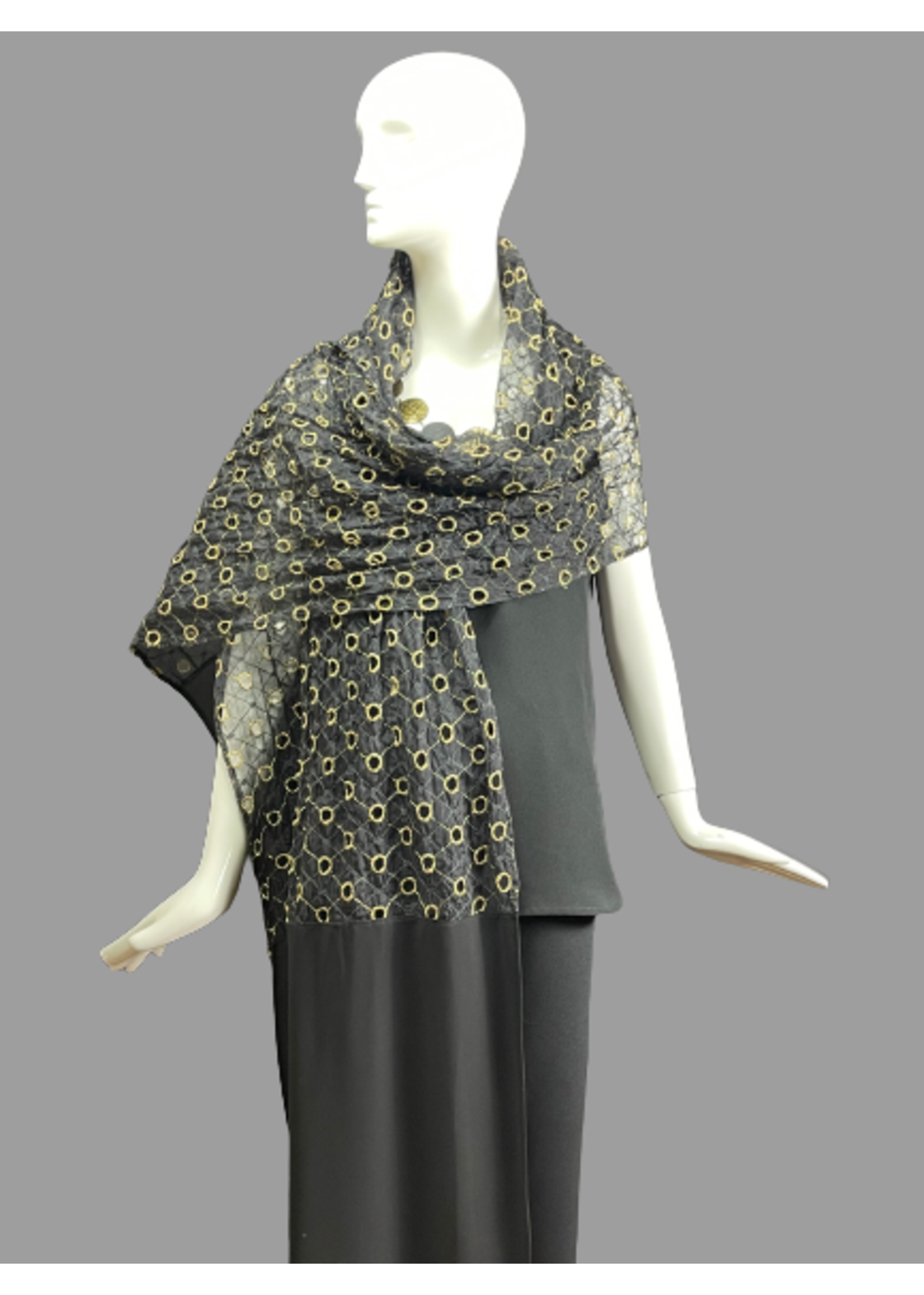 SH939-S1006-Black with gold  embroidered organza scarf