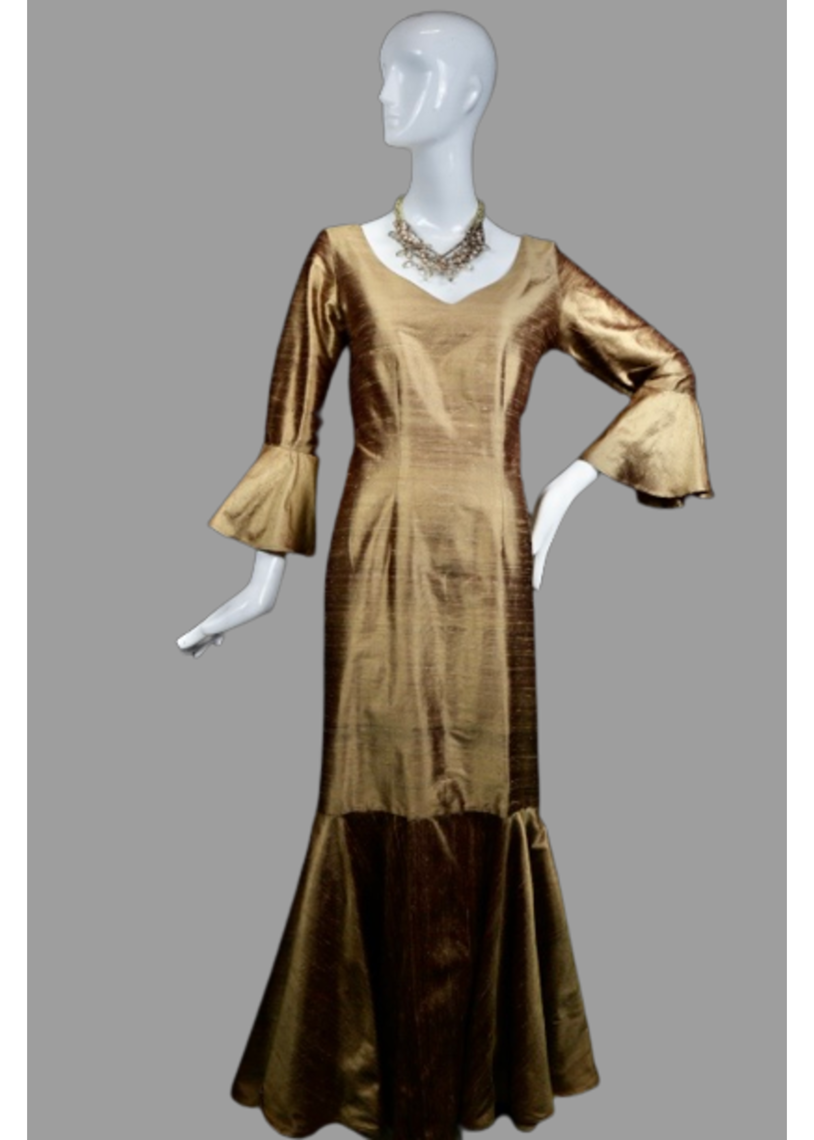 DC407-S2291-XP-Bronze silk doupioni dress with flounce & ruffle sleeve
