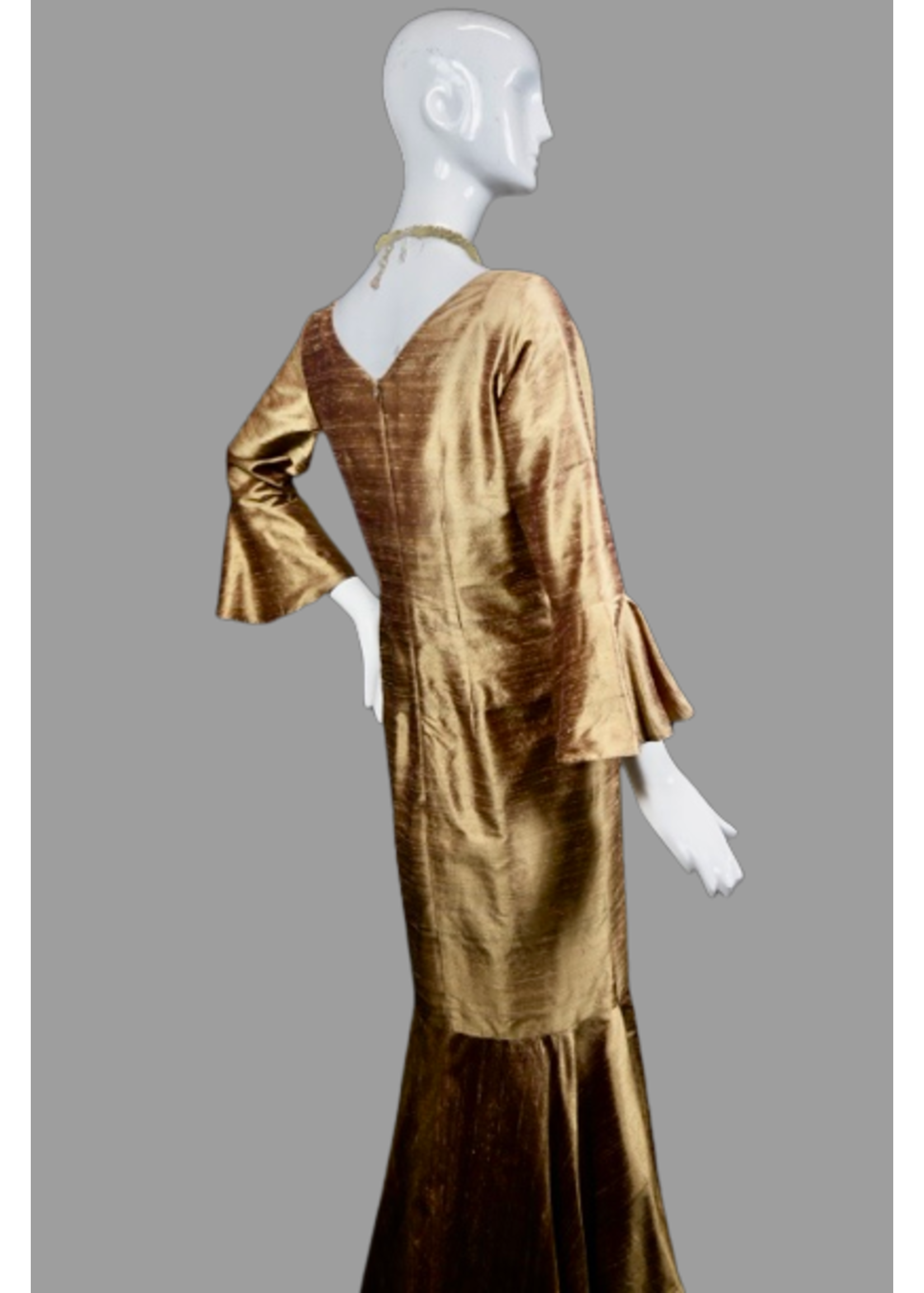 DC407-S2291-XP-Bronze silk doupioni dress with flounce & ruffle sleeve