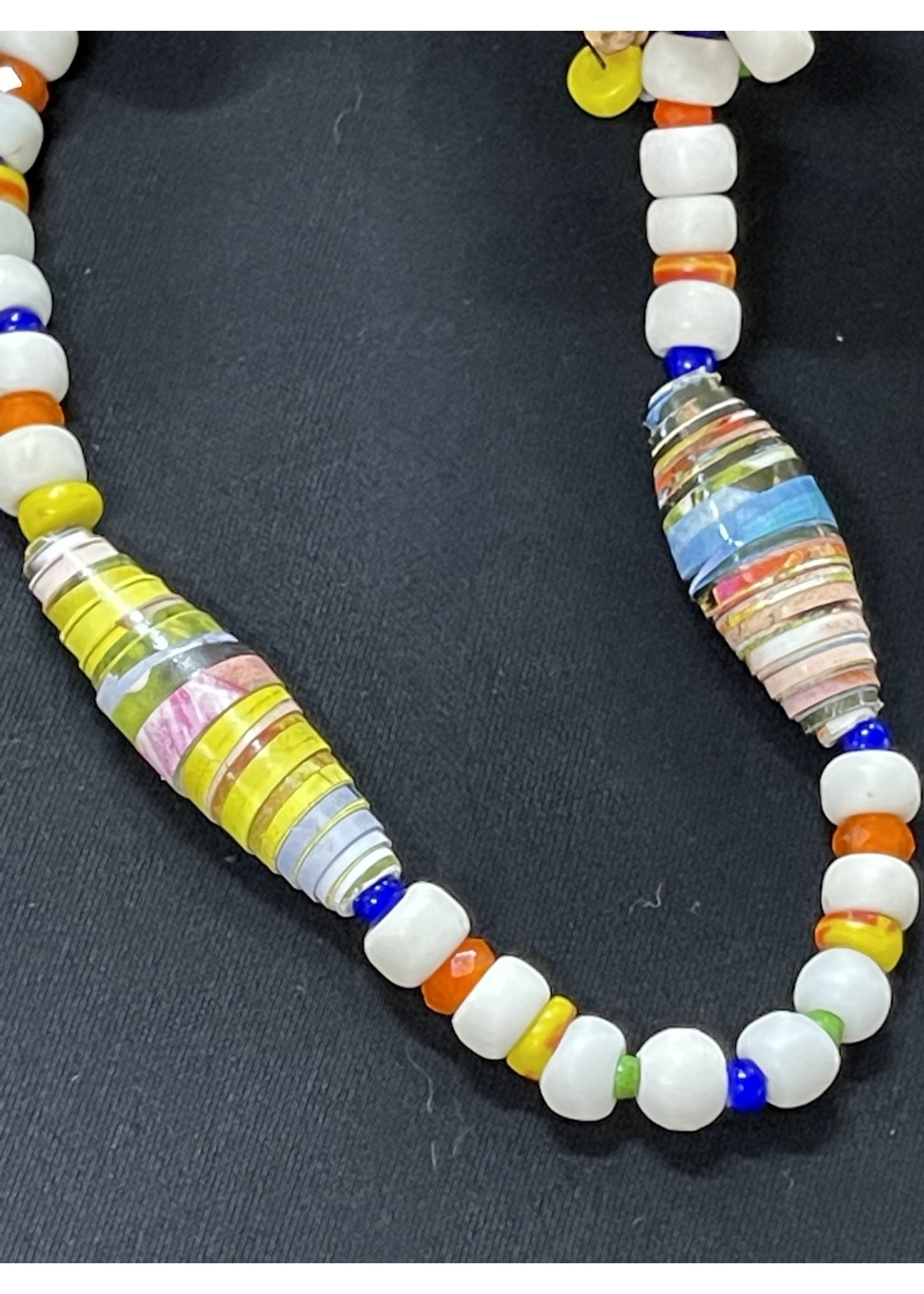 AC01-4830-23 Paper beads & white bone long Necklace
