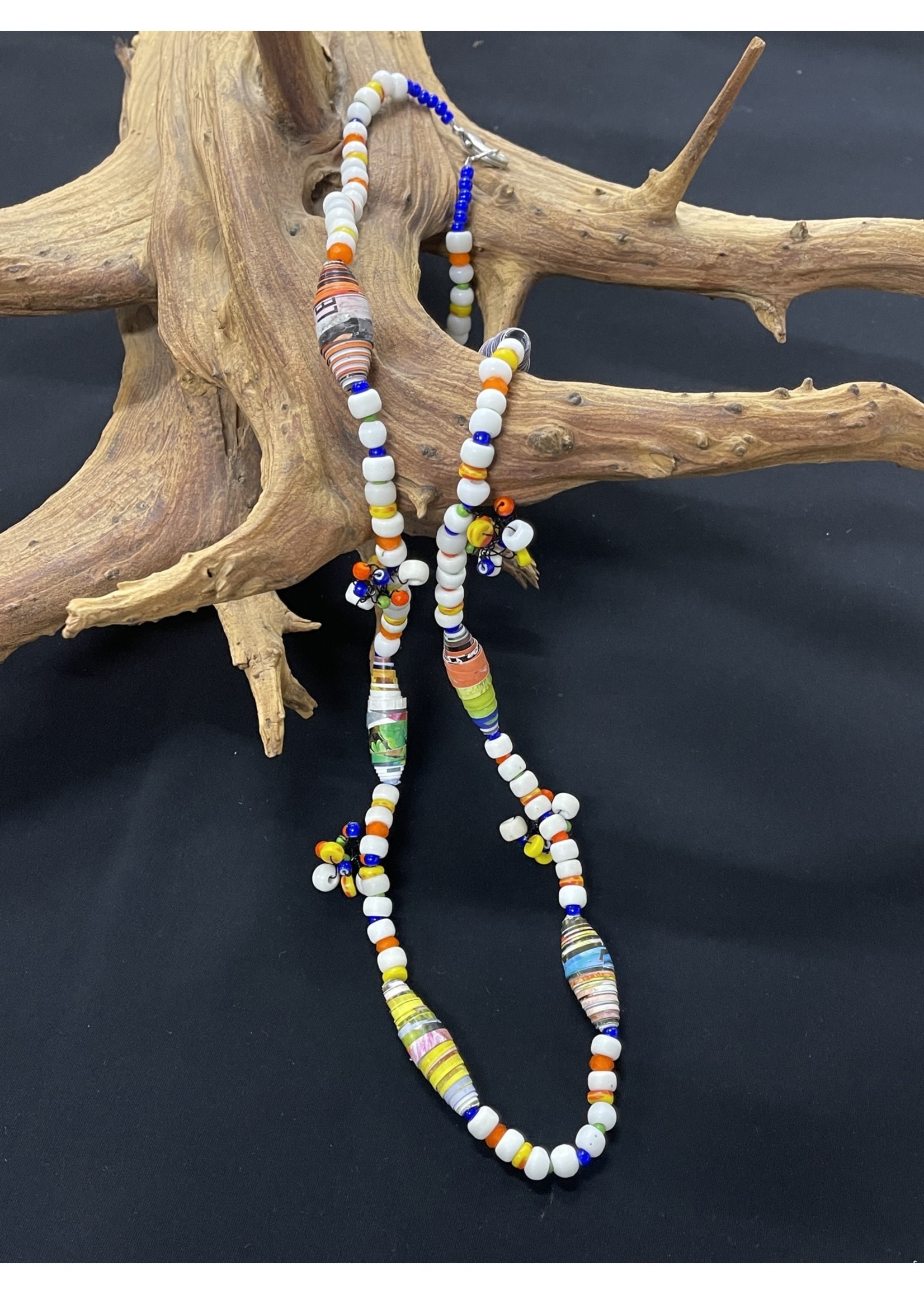 AC01-4830-23 Paper beads & white bone long Necklace