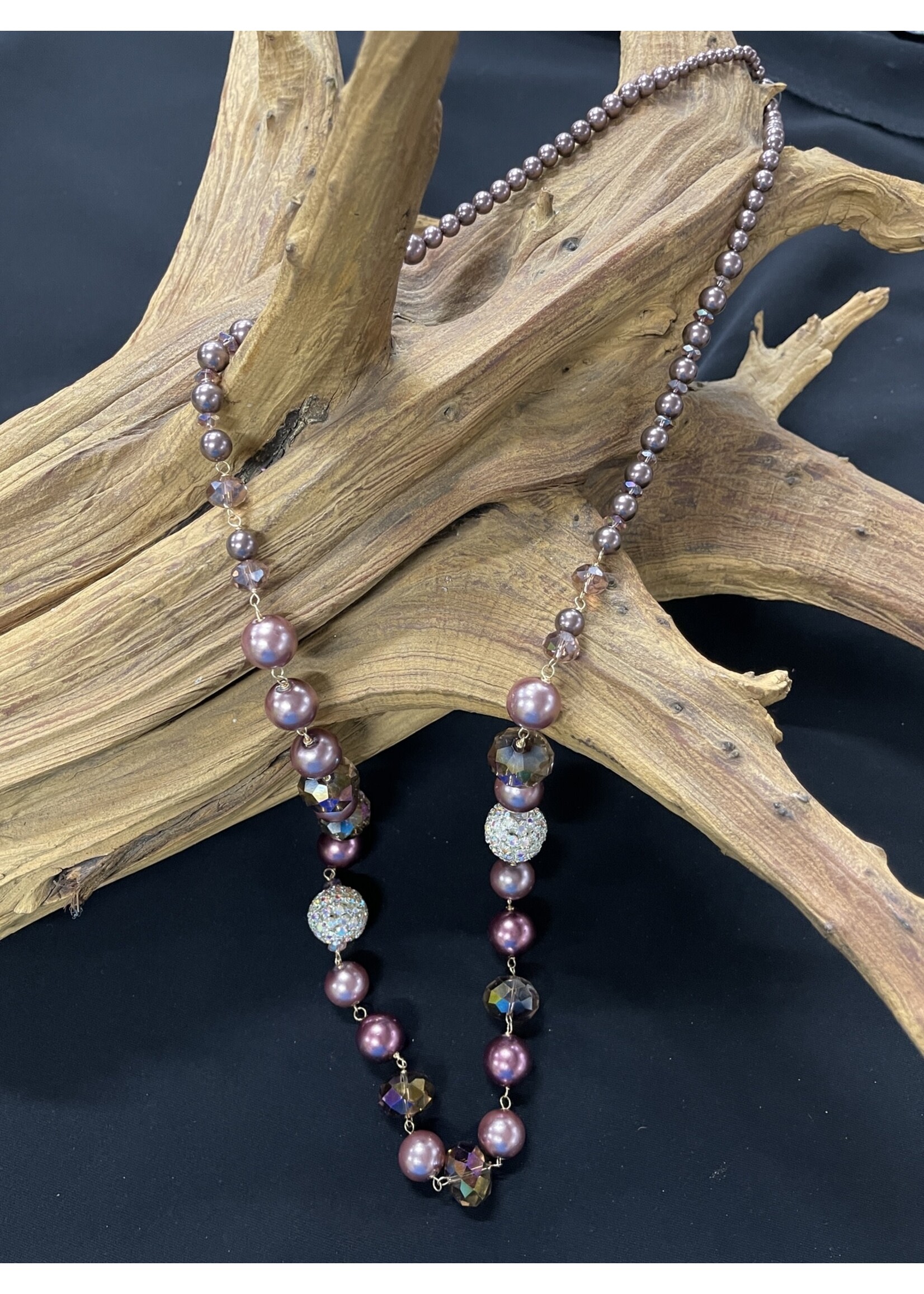 AC01-4855-23 Purple Pearls & Crystal Long Necklace
